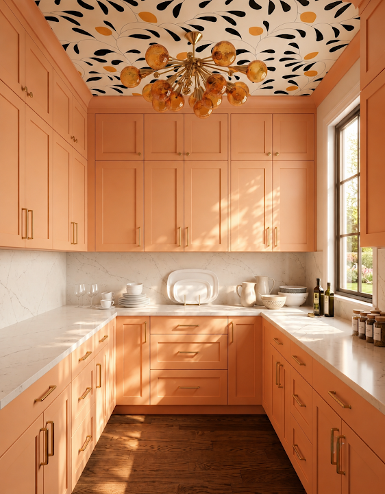 Concept image of a sunny peach pantry with flat-panel cabinets, pale counters, a dark floor, and graphic ceiling pattern.