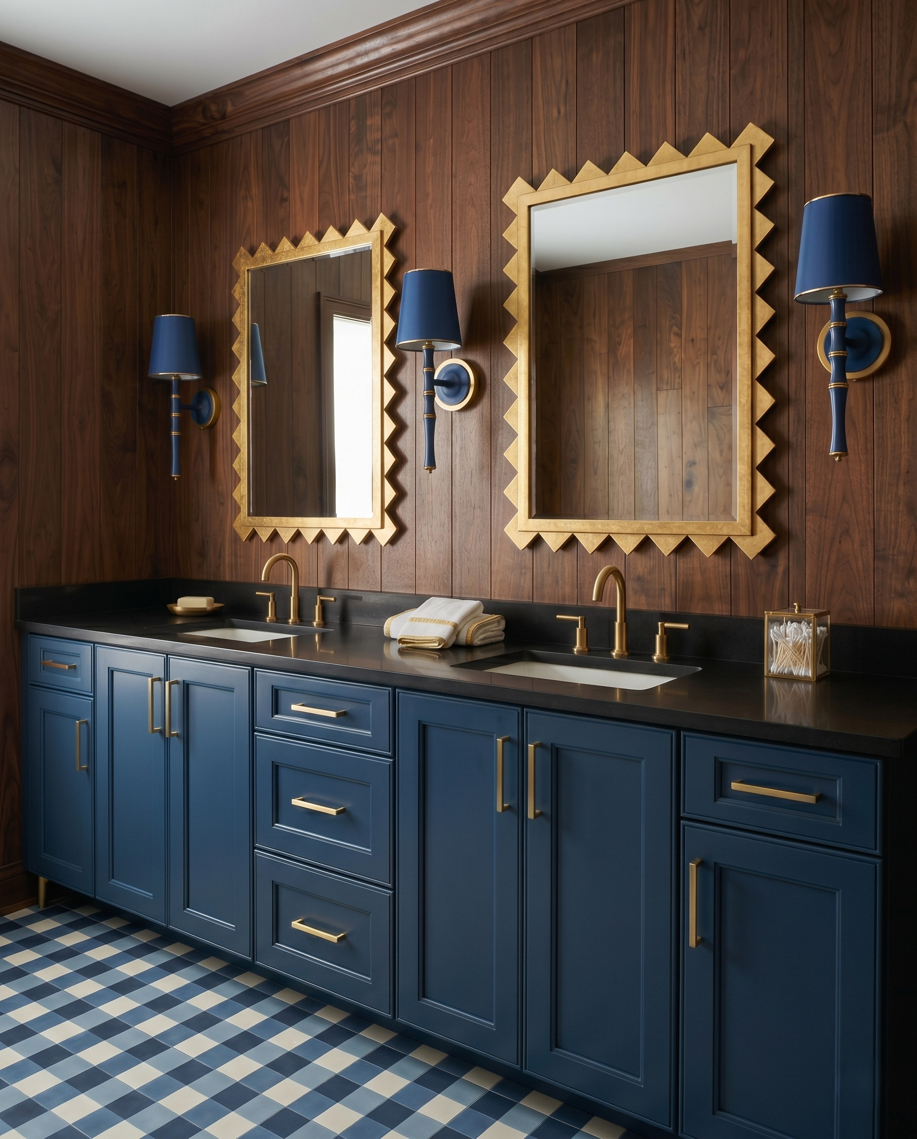 Angular gold mirror frames and deep-blue shaded sconces above a navy vanity against dark wood paneling.