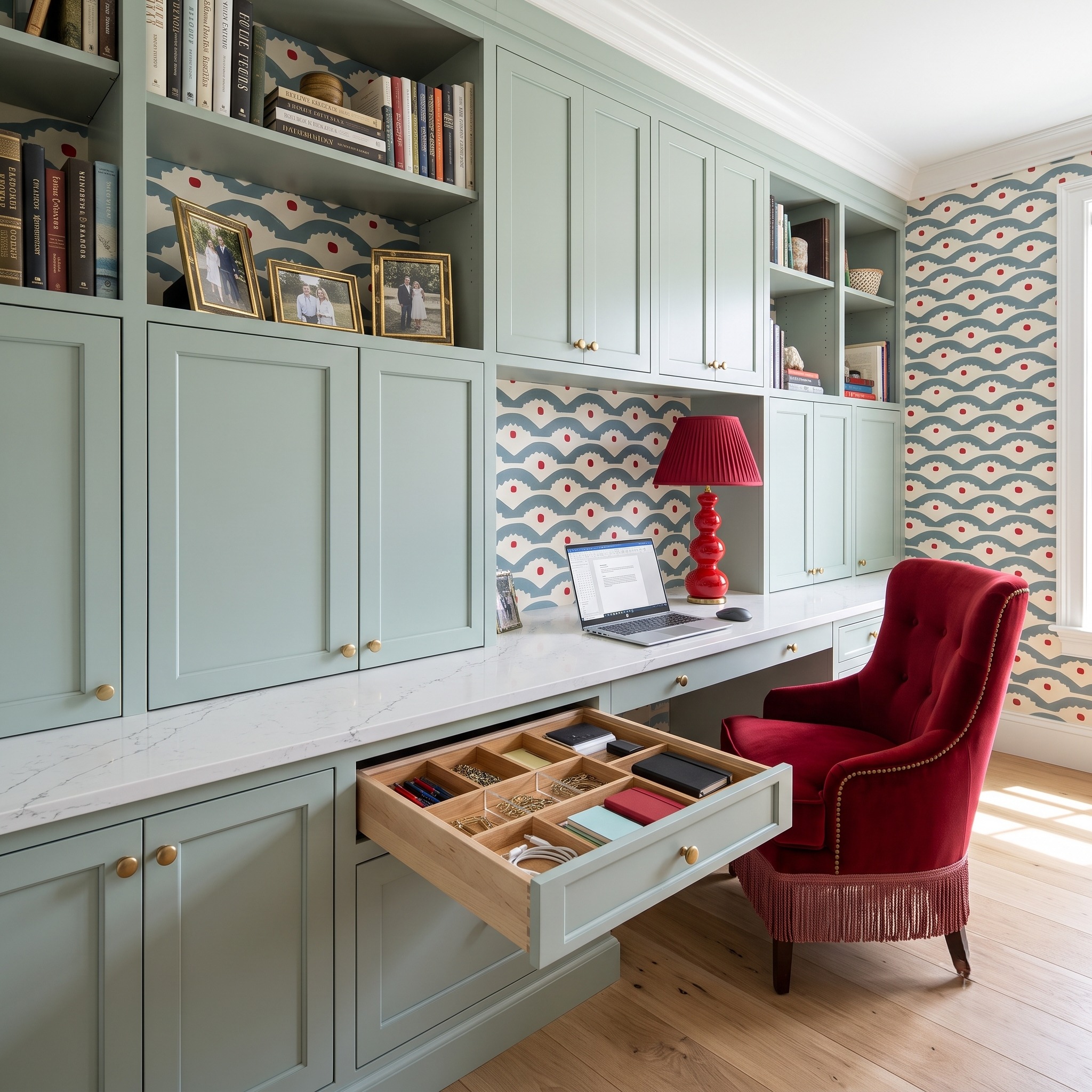 Built-in room storage module with readable drawer and shelf boundaries for practical placement planning.