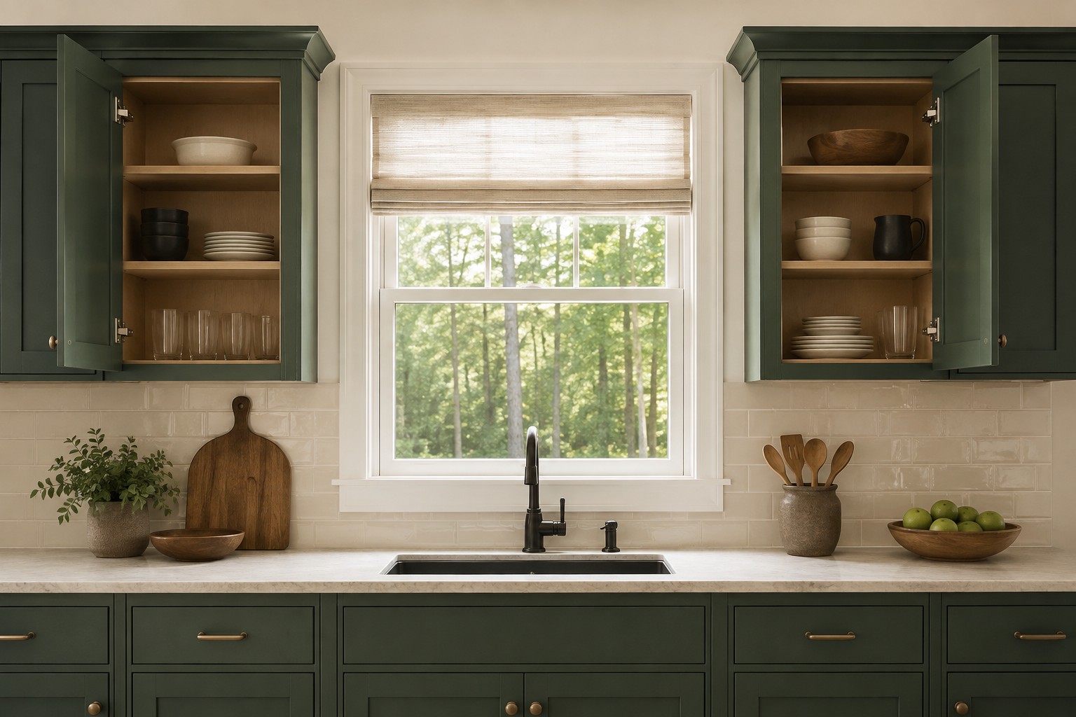 Two outer-hinged upper cabinet doors open away from a centered kitchen window, leaving its trim and shade clear.
