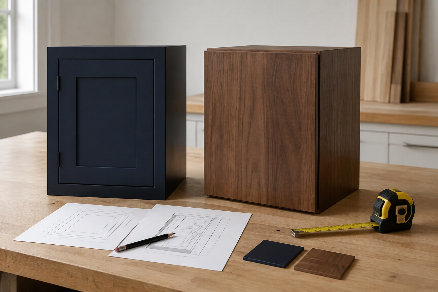 Complete navy inset and walnut full-overlay working cabinet samples sit beside an elevation, construction detail, tape, and finish chips.