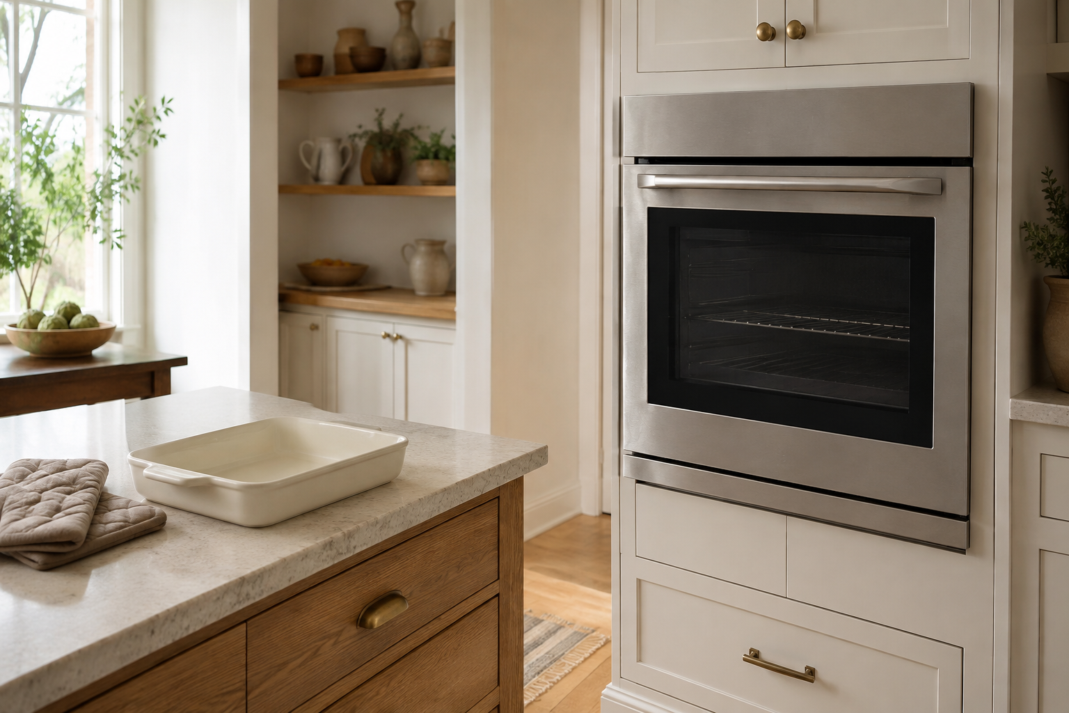 Built-in wall oven beside an immediate clear counter holding a baking dish and oven mitts.