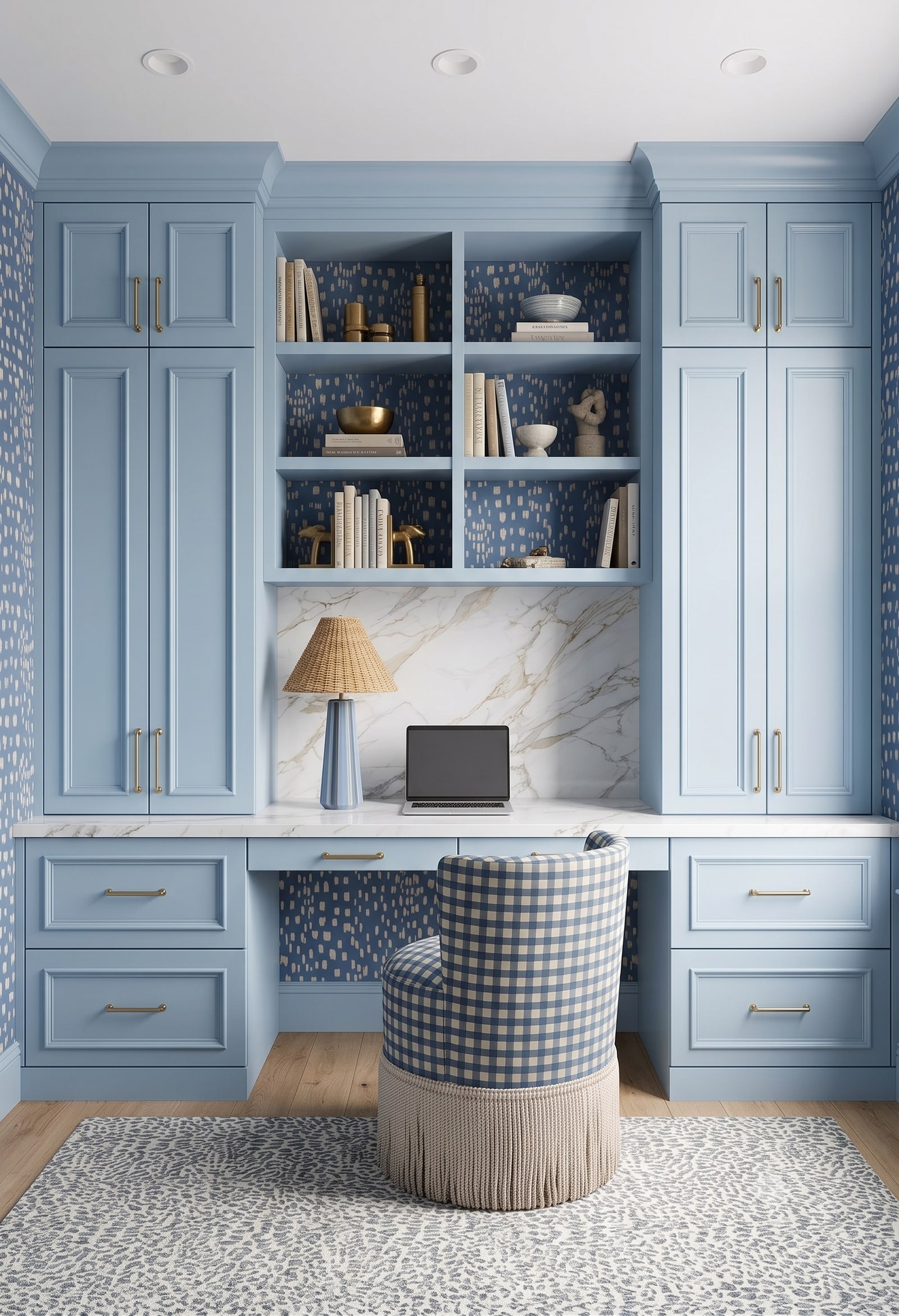 A light-blue built-in desk wall with tall closed cabinets, open book shelves, lower drawers, a stone work surface, and one desk chair.