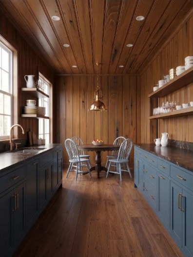 A narrow coastal wood galley kitchen with cabinet doors lining both sides.