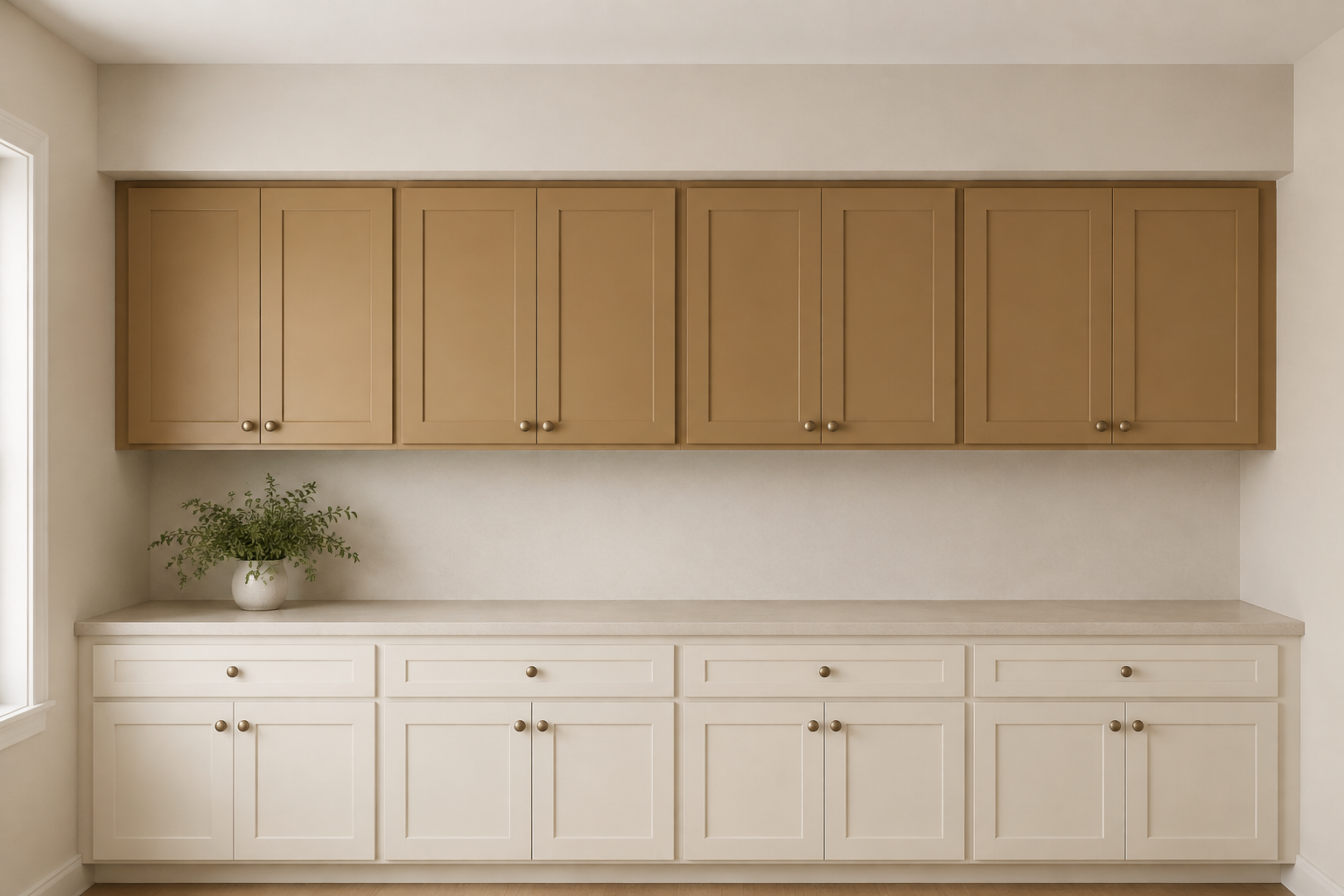 Ochre upper cabinets fitted below a continuous drywall soffit on a straight kitchen wall.