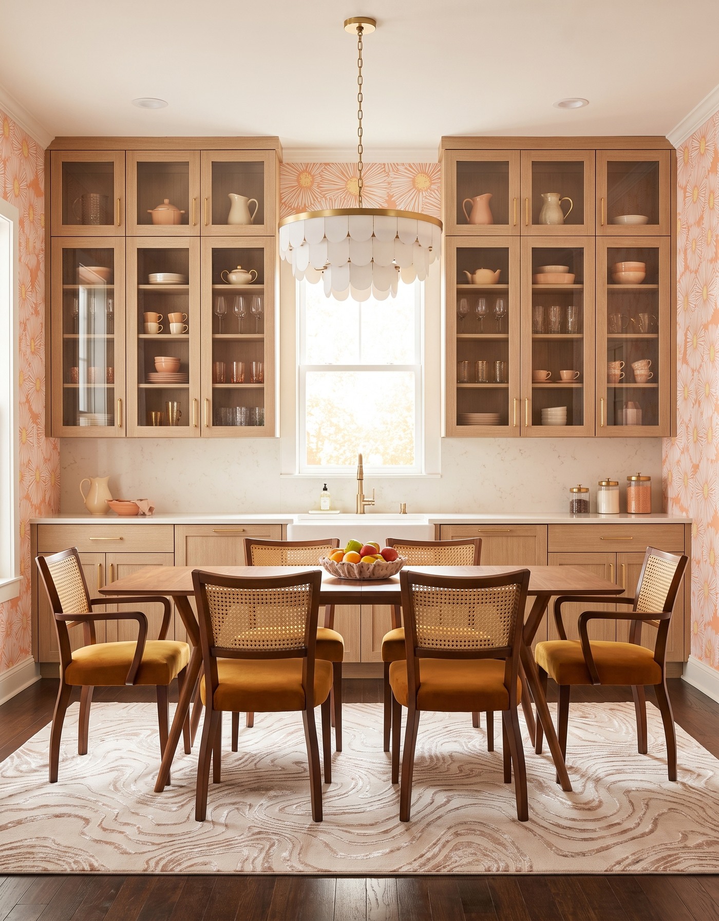 AI-created concept: Natural-wood kitchen cabinets with peach daisy wallpaper, mustard cane-back chairs, a wood table and an ivory scalloped pendant.