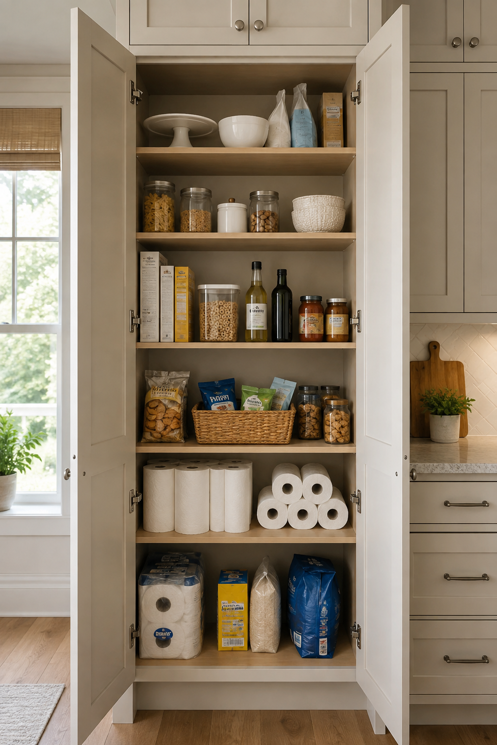 Concept image of an open pantry cabinet with everyday food at mid-level, open packages grouped in a basket, and bulky backstock on lower shelves.