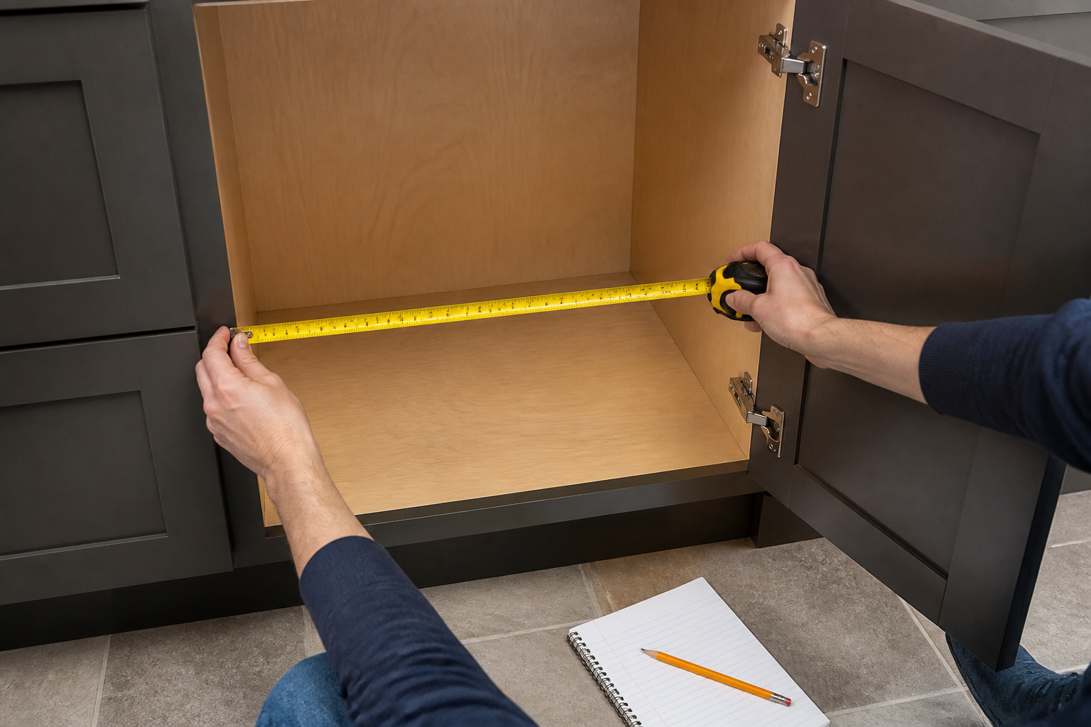 Two hands measure the clear inside width of one frameless base cabinet with its single solid door open on visible hinges.