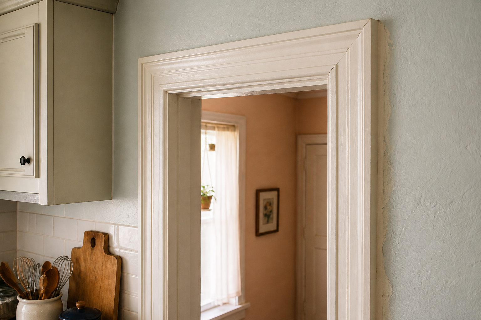 Oblique side view of layered doorway casing projecting beyond a slightly uneven plaster return beside kitchen cabinetry.