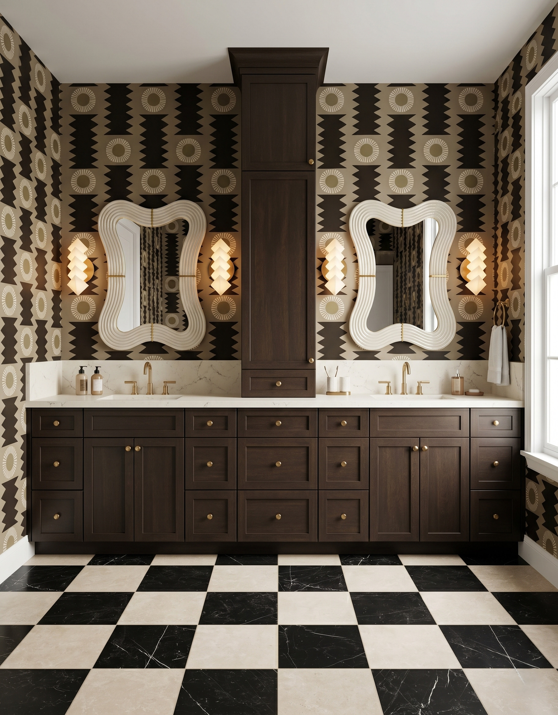 Dark-wood bathroom vanity and central tower with brown geometric wallpaper, cream wavy mirrors and black-and-cream floor checks.