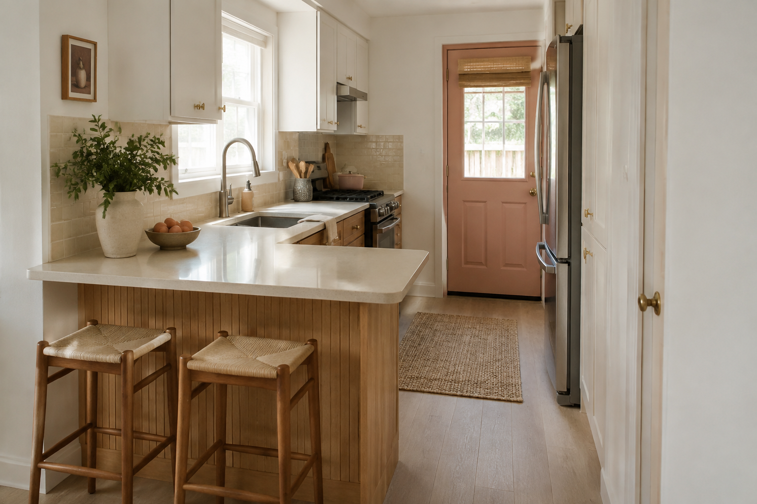 Small kitchen using a short peninsula for preparation and two seats while keeping its main walkway open.