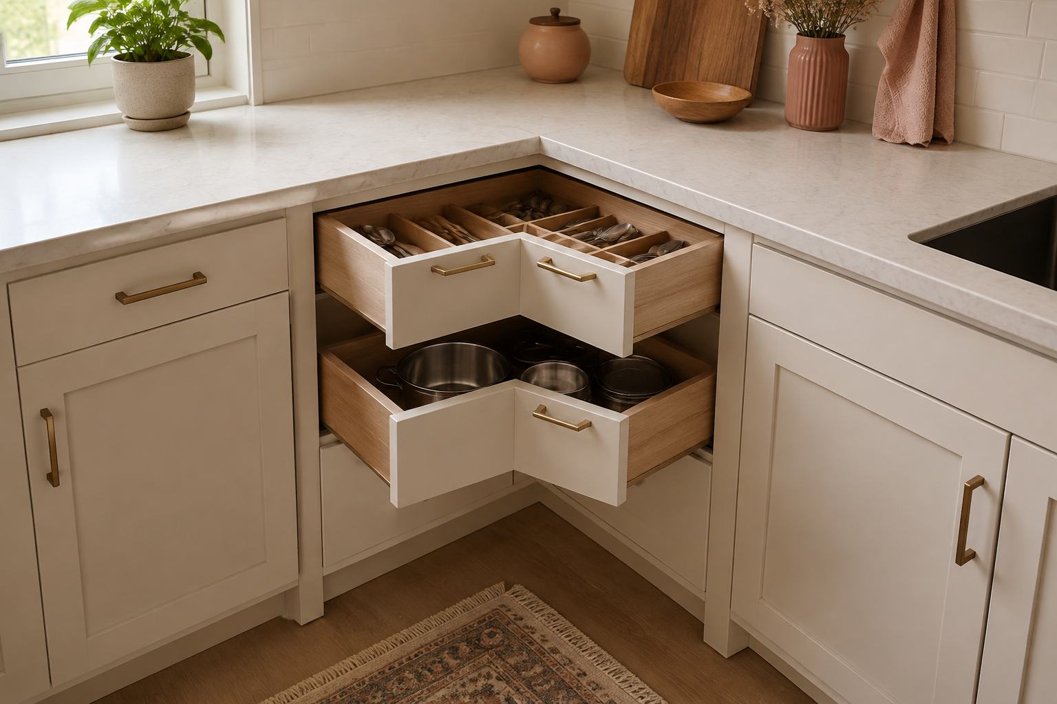 Two V-front corner drawers open in an L-shaped cabinet run with utensils and cookware inside.