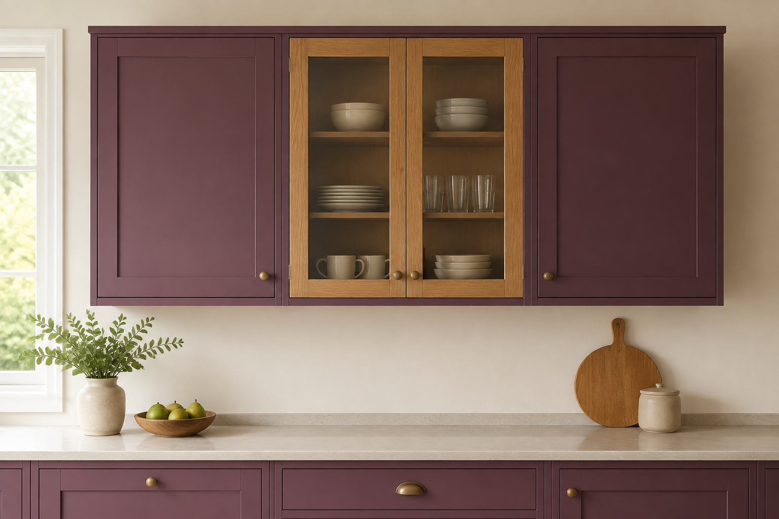 Exactly three installed upper cabinet boxes in a straight run, with one centered glass-front cabinet between two solid-door cabinets.