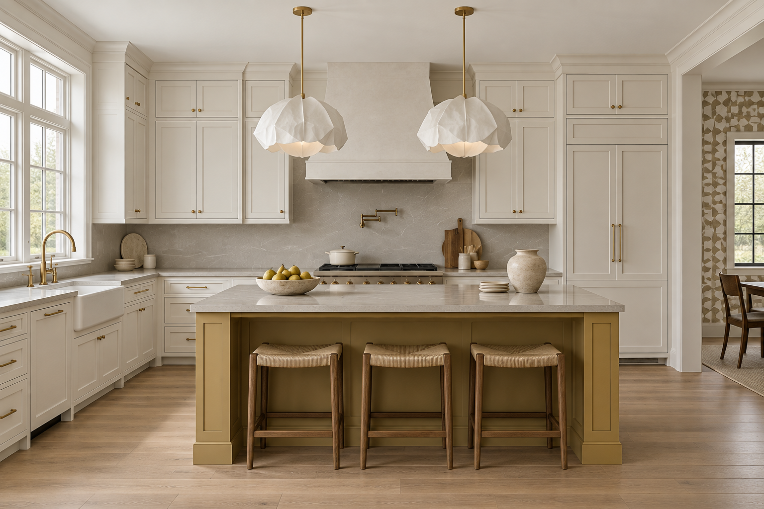 Off-white kitchen with a muted mustard island and two oversized white sculptural petal pendants on brass rods.