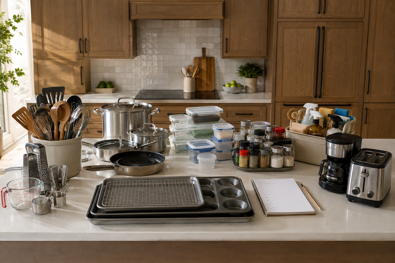 Pots, utensils, containers, baking sheets, spices, cleaning supplies, and small appliances are grouped on an island beside a notebook.