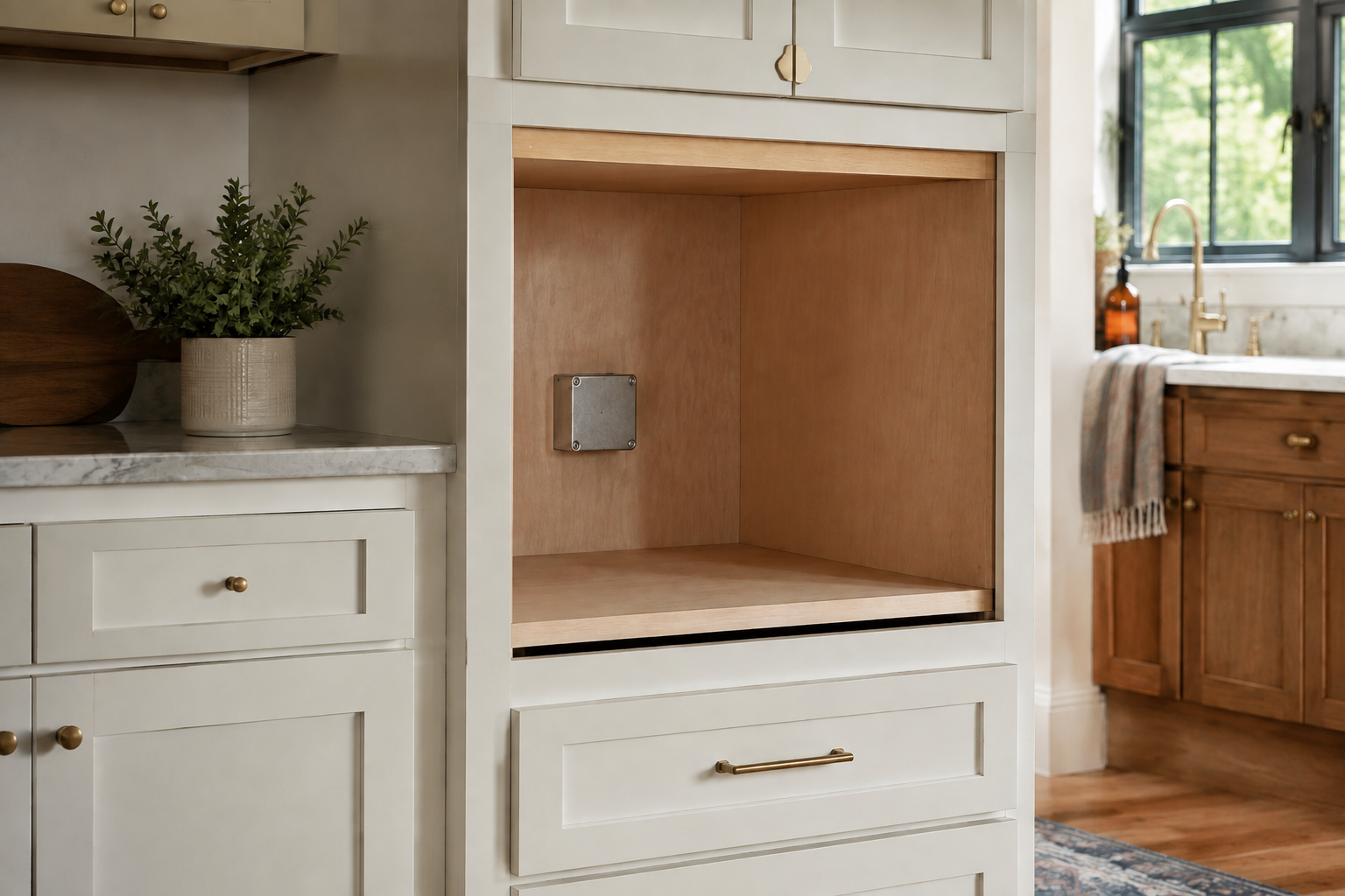 Empty wall-oven cabinet bay with a clear rear service zone and blank junction-box cover.