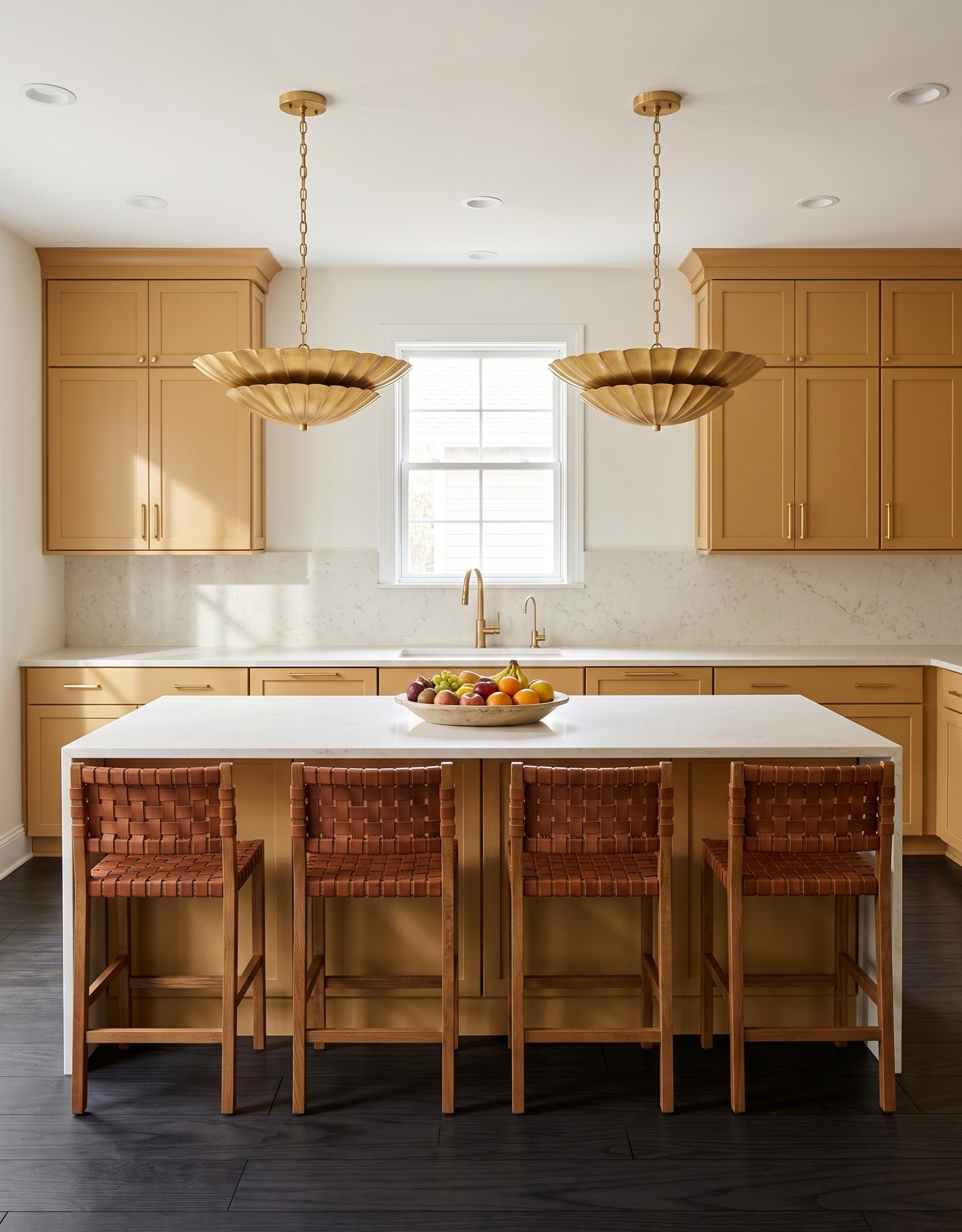 AI-created concept: Near-black straight planks beneath golden kitchen cabinets, a pale island top and woven stools.