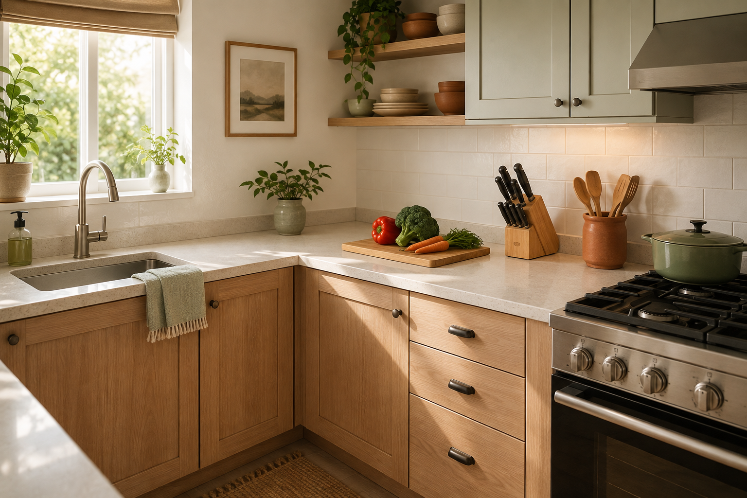 Concept image of an L-shaped kitchen with an uninterrupted preparation counter between the sink and range.