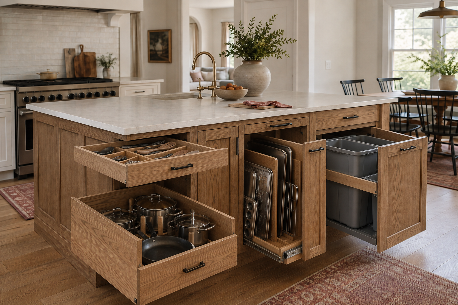 Kitchen island with open drawers and pullouts assigned to utensils, cookware, sheet pans, and waste.