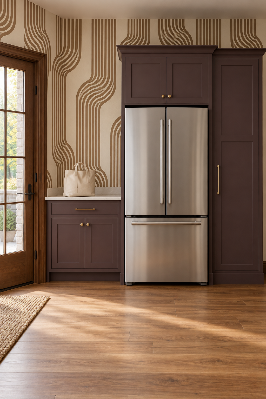 Generated kitchen concept with a grocery tote on a landing counter between a glazed entry door and refrigerator, with a closed pantry beside the refrigerator.