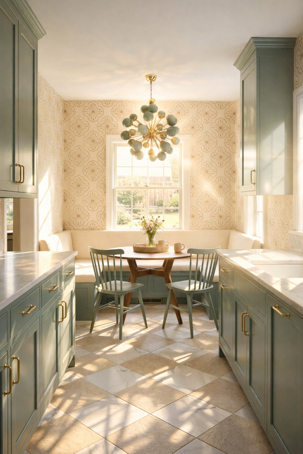 Muted teal galley cabinetry beside a cream-and-beige diagonal checkerboard floor leading to a cushioned breakfast nook and two spindle chairs.