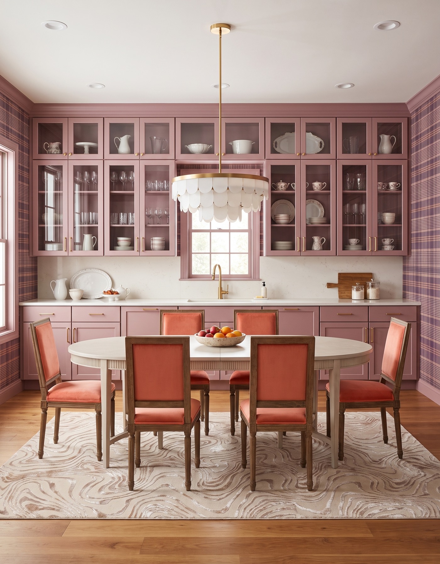 AI-created concept: Dusty-mauve cabinets and plum plaid wallpaper around a pale dining table with coral upholstered chairs.