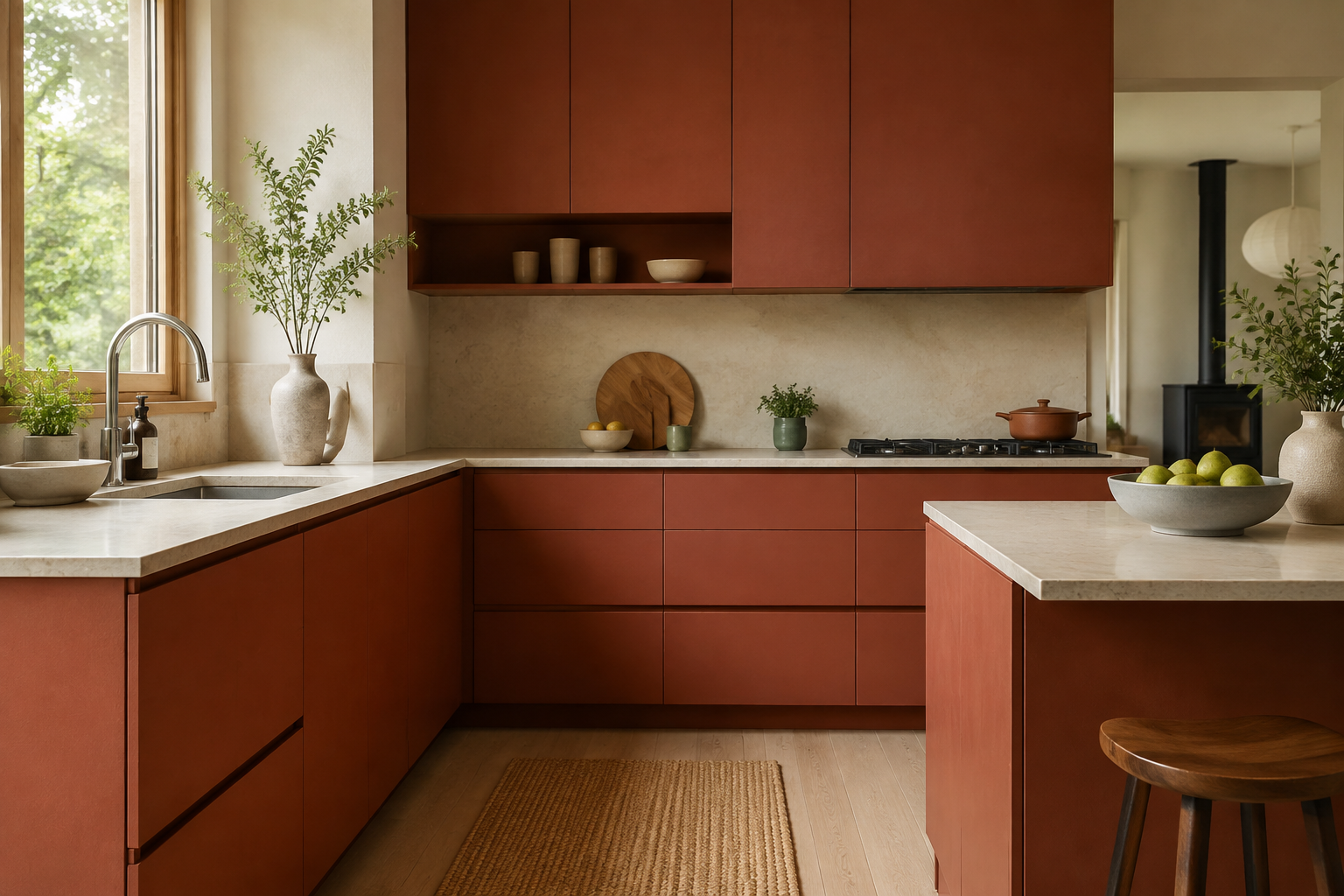 Earthy terracotta-red slab cabinets in a bright kitchen with quiet mineral surfaces.