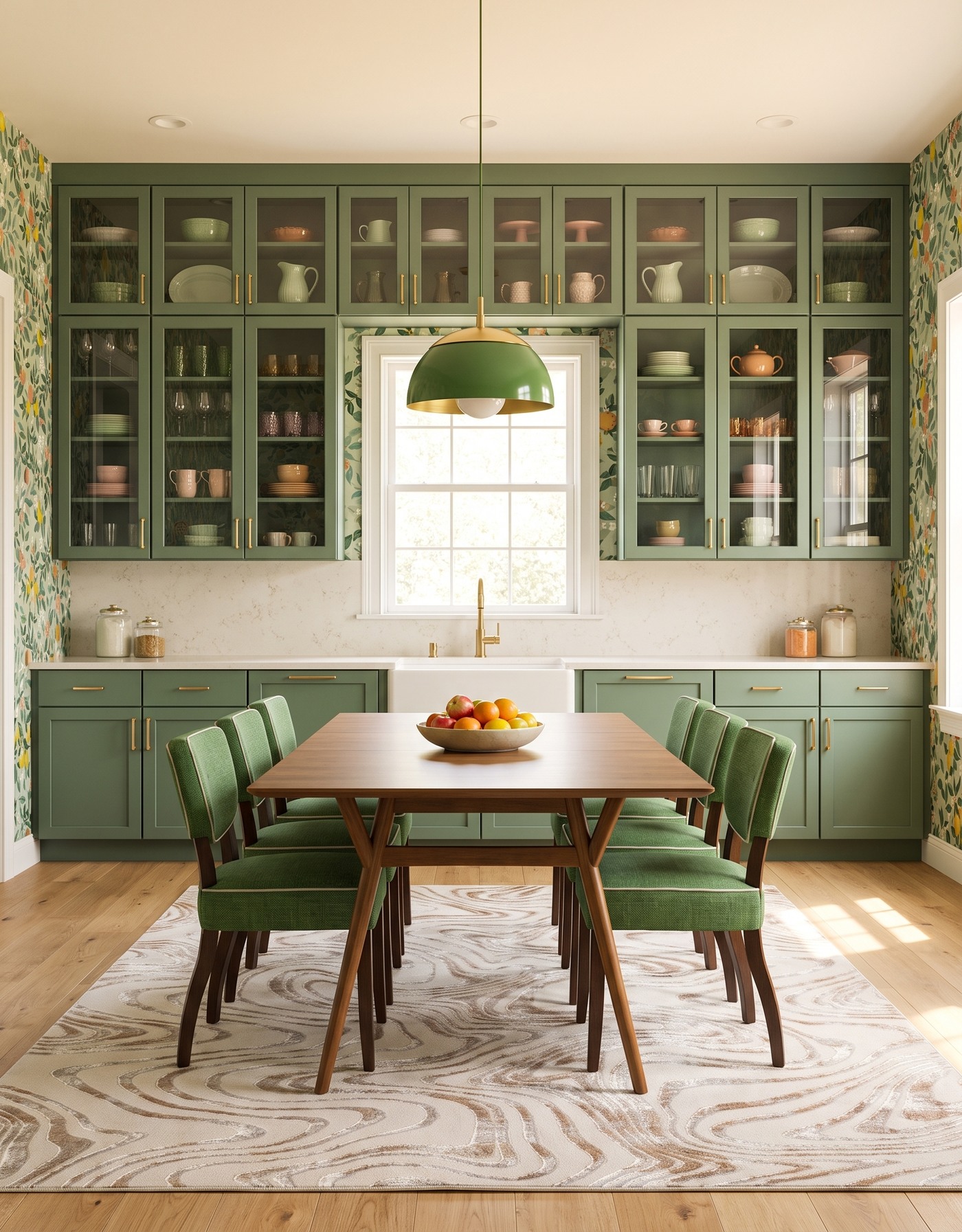 AI-created concept: Moss-green glass-front cabinets, citrus wallpaper and green dining chairs around a warm-wood table beneath a green pendant.