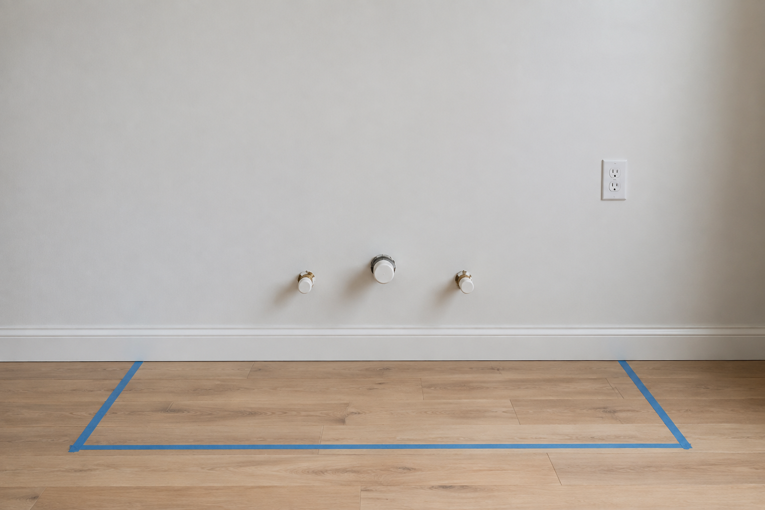 Straight finished wall with capped drain and water-supply stubs, one covered duplex outlet to the side, and a painter's-tape cabinet footprint on the floor.