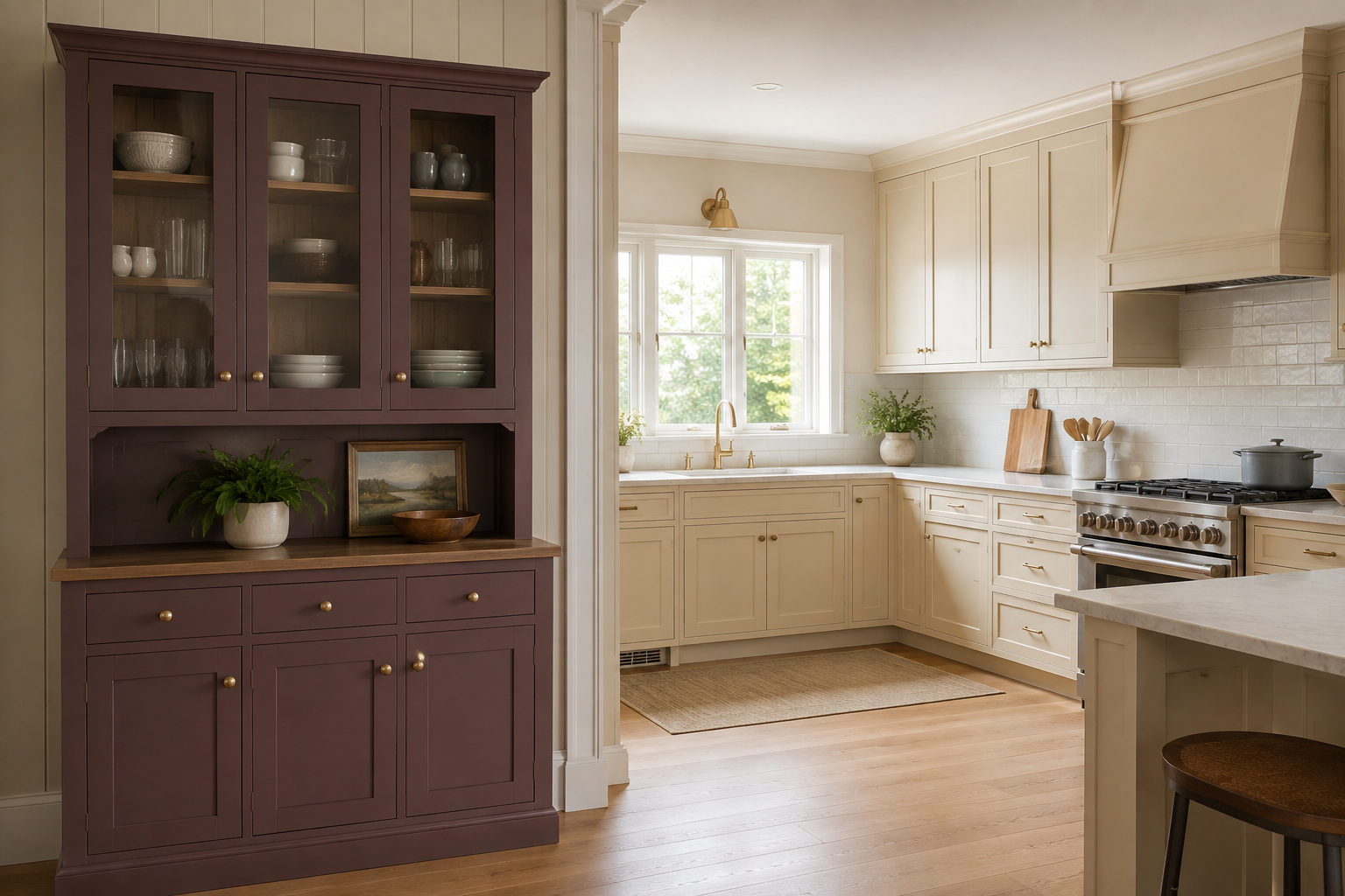 Dusty plum hutch cabinet separated by a doorway return from a warm cream working kitchen.