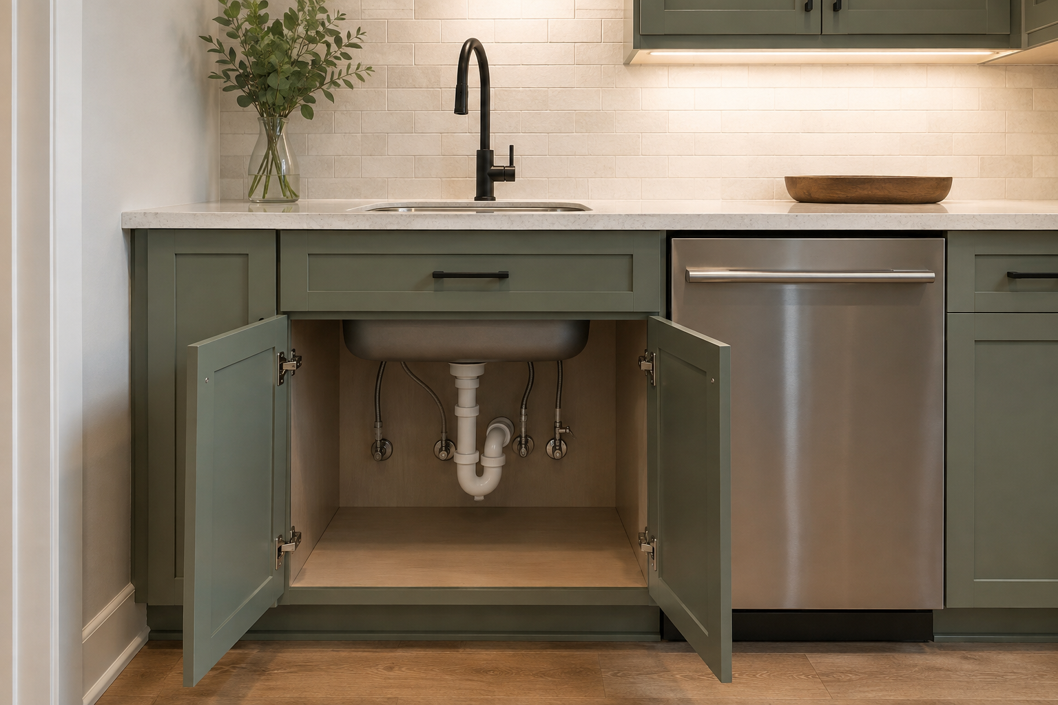 A complete green butler's-pantry sink base is open to show a credible P-trap and shutoffs beside one installed dishwasher.