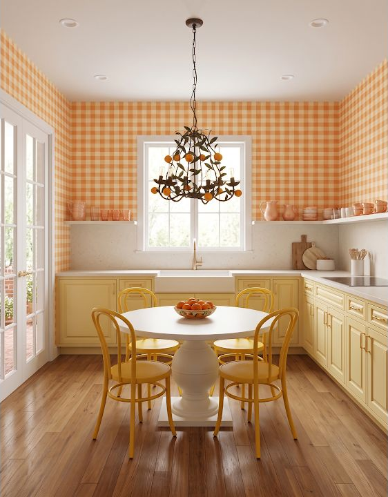 Orange gingham kitchen surface and cabinetry used as a restrained pattern reference for visual grid layout.