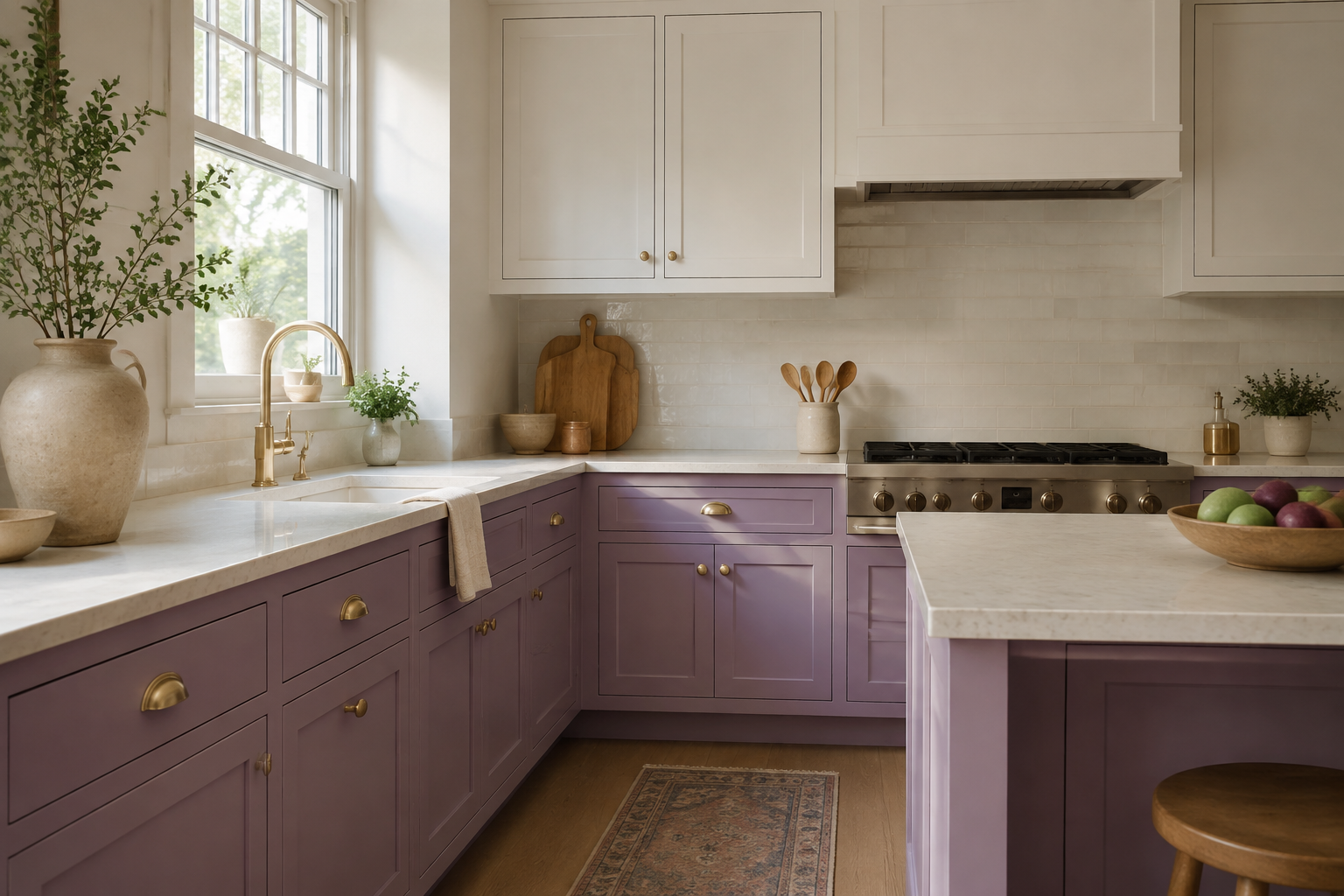Dusty lavender lower cabinets with warm white uppers, pale stone counters, and natural daylight.