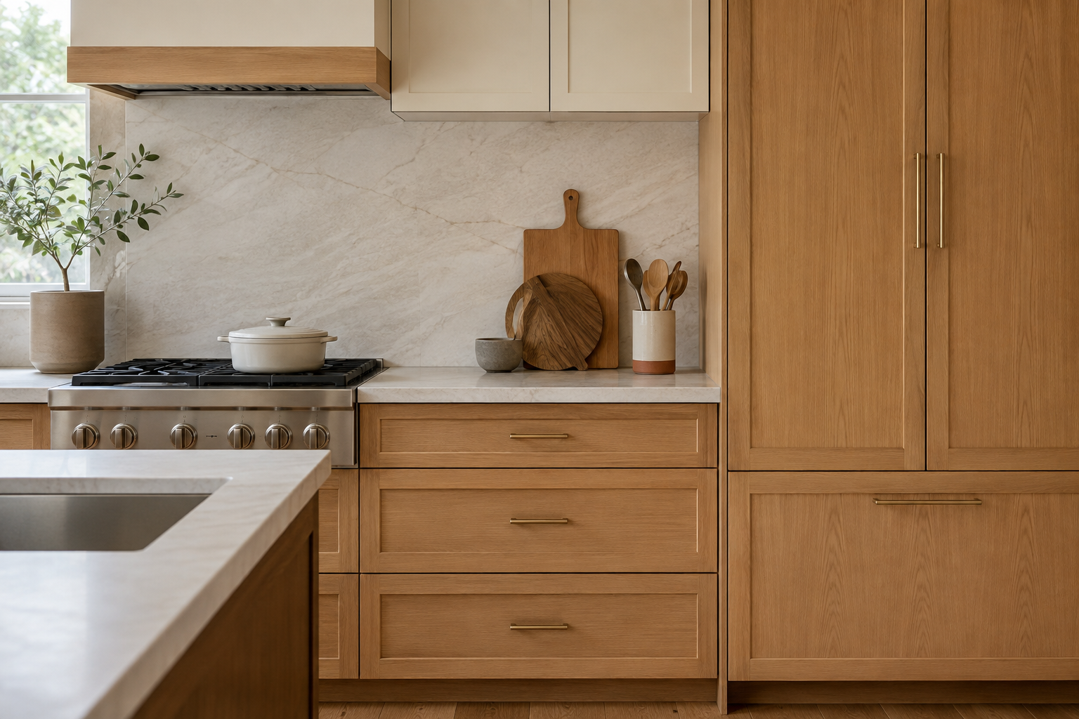 Close kitchen elevation where cabinet panels, doors, countertop, and backsplash meet with aligned seams and even reveals.