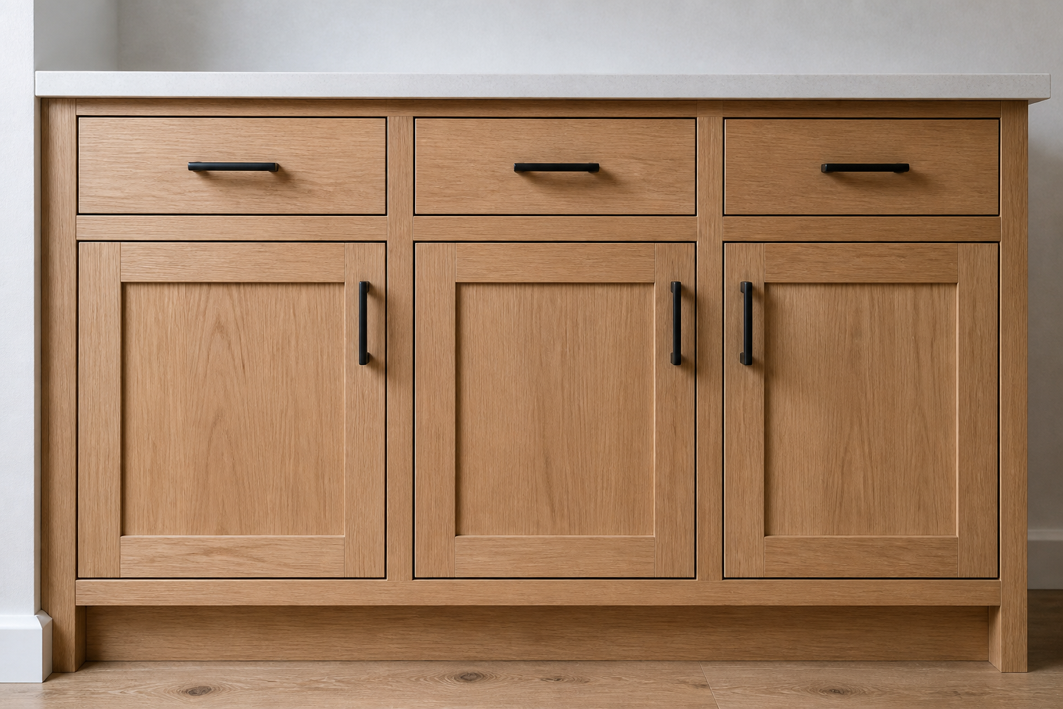 Straight natural-oak face-frame cabinet run with closed solid doors and drawers set within even visible frame reveals.