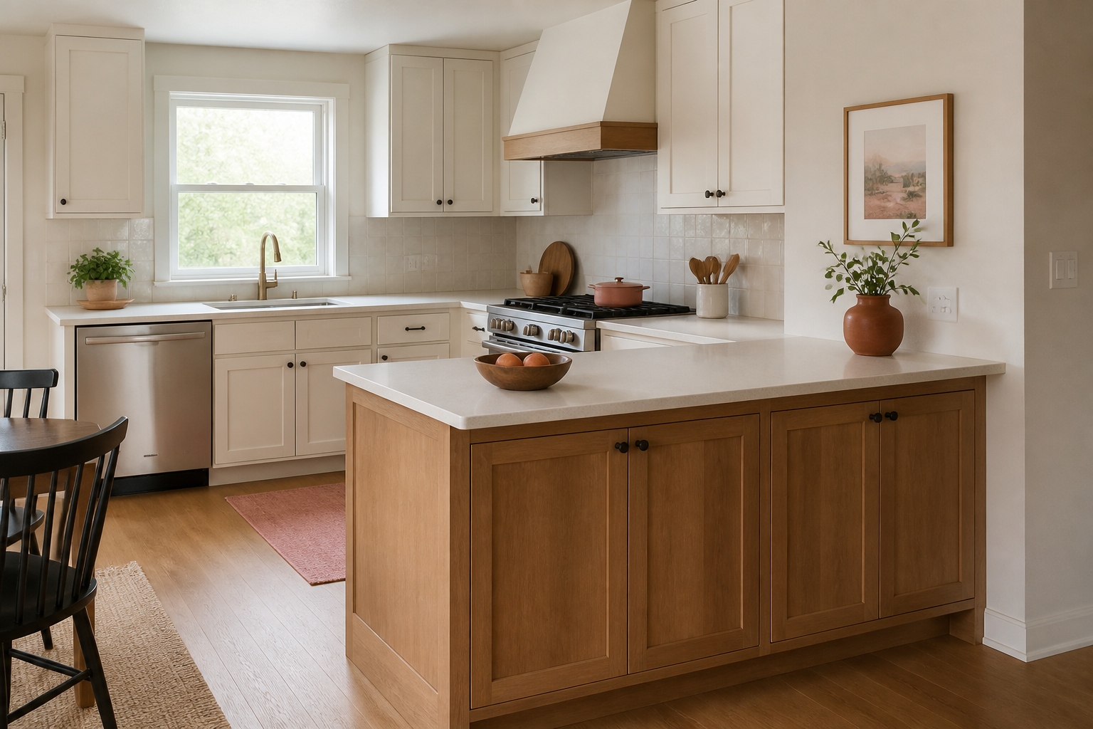 Simple dry peninsula with storage while sink, range, and outlets remain on the perimeter wall.