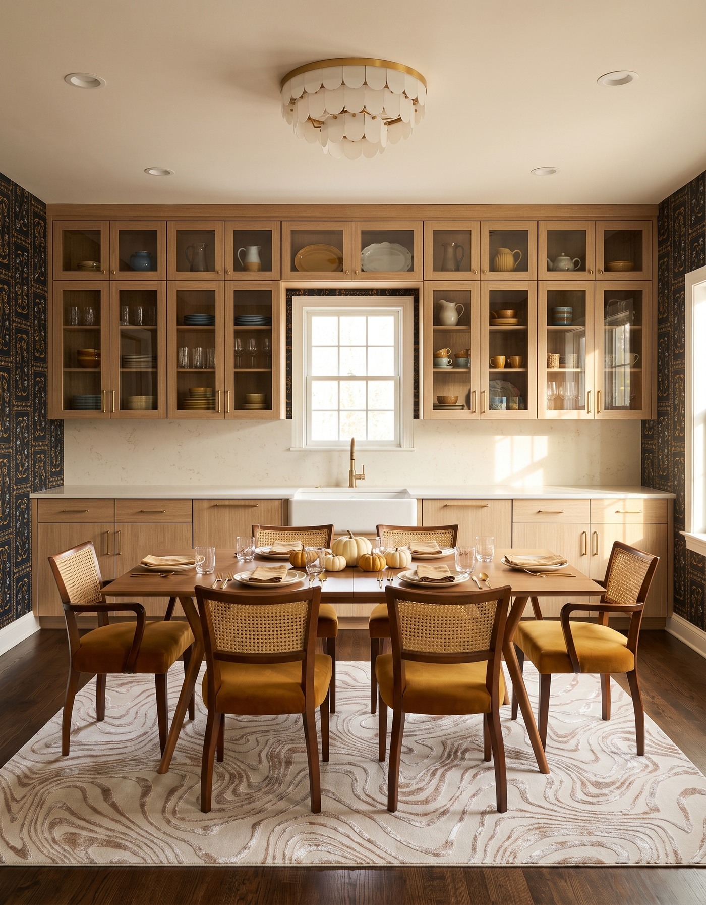 AI-created concept: Natural-oak kitchen with dark botanical walls, mustard cane-back chairs and a wood table with a low pumpkin centerpiece.