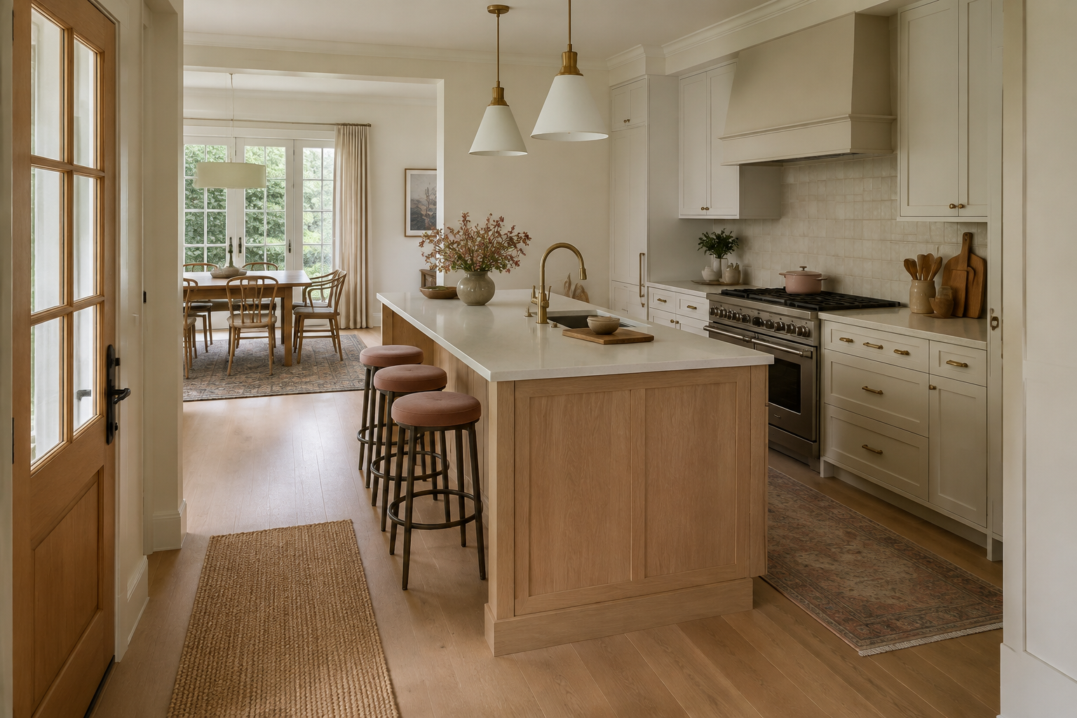 Kitchen island separating the cooking aisle from a clear path between an entry door and dining area.