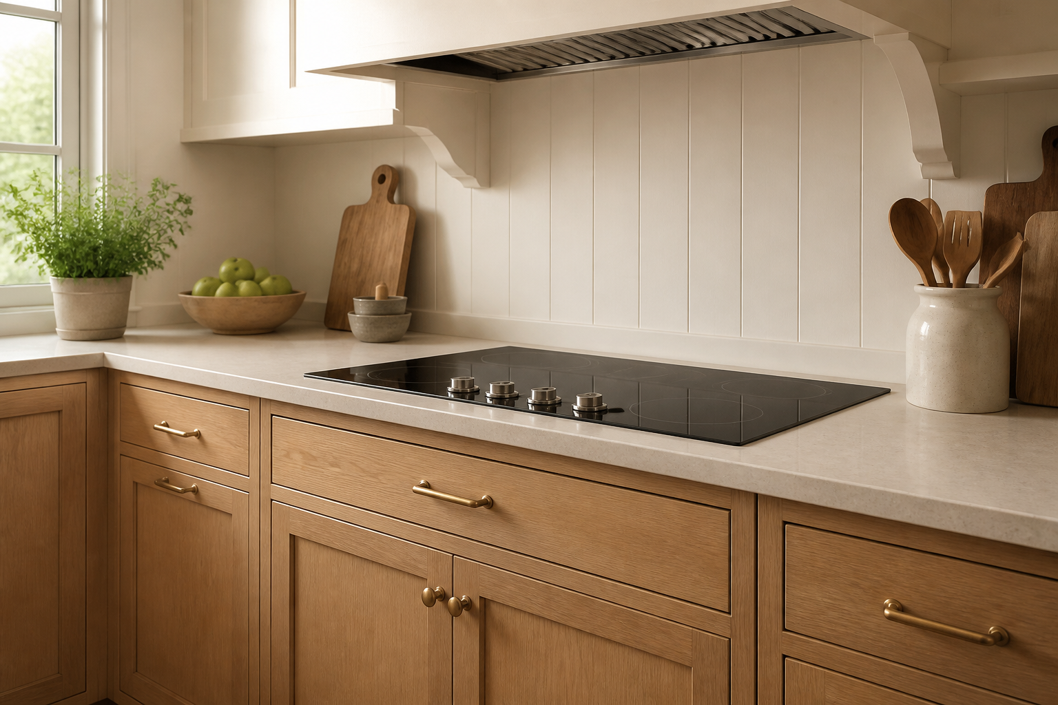 Close view of a smooth cooktop with front controls above coordinated cabinet doors, drawers, and brass hardware.