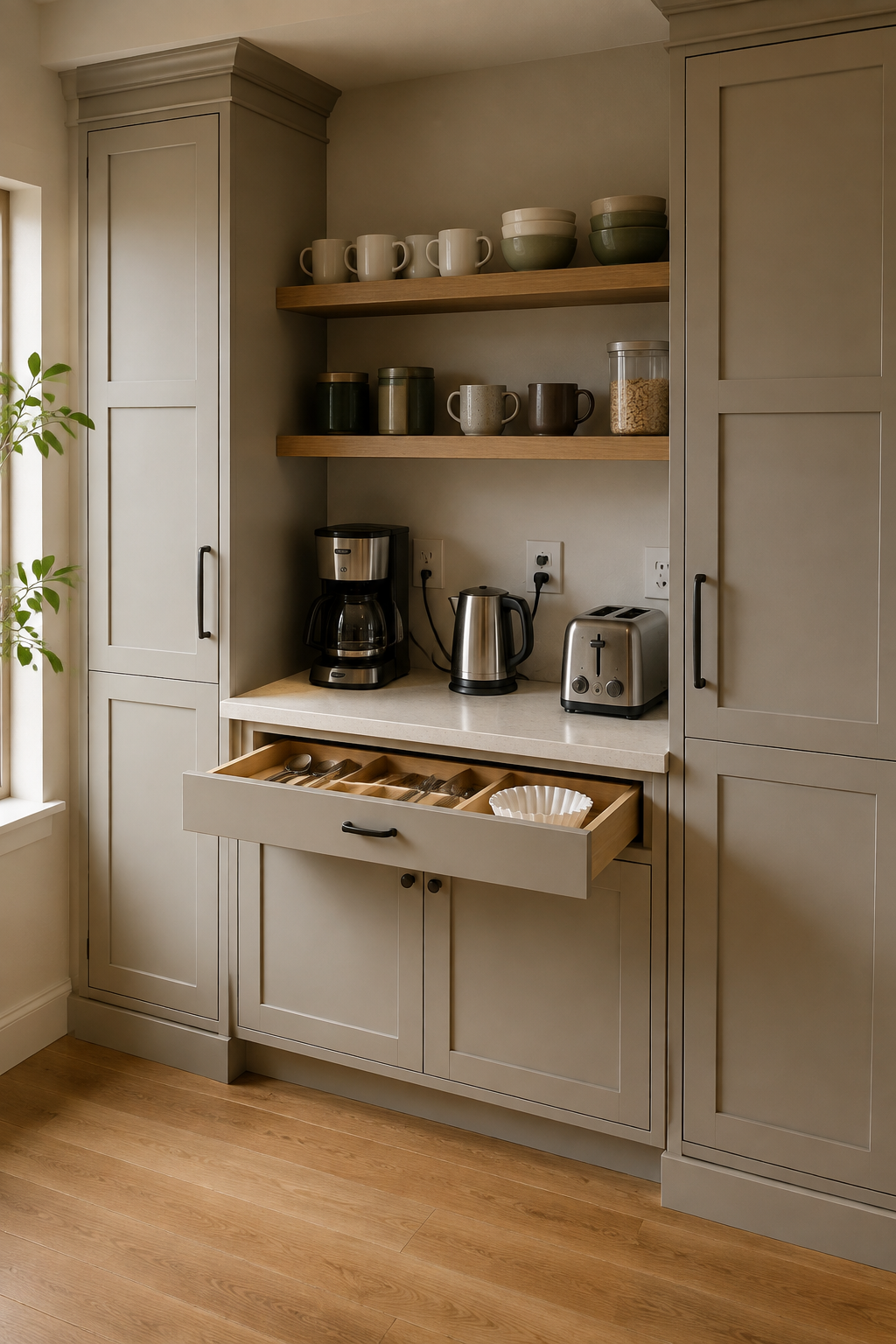 Concept image of a dedicated breakfast and coffee alcove with mugs, bowls, cereal, three small appliances, visible power, and an open utensil drawer.