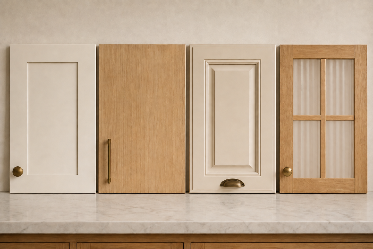Shaker, slab, and framed cabinet door samples with hardware positioned to respect each door's construction.