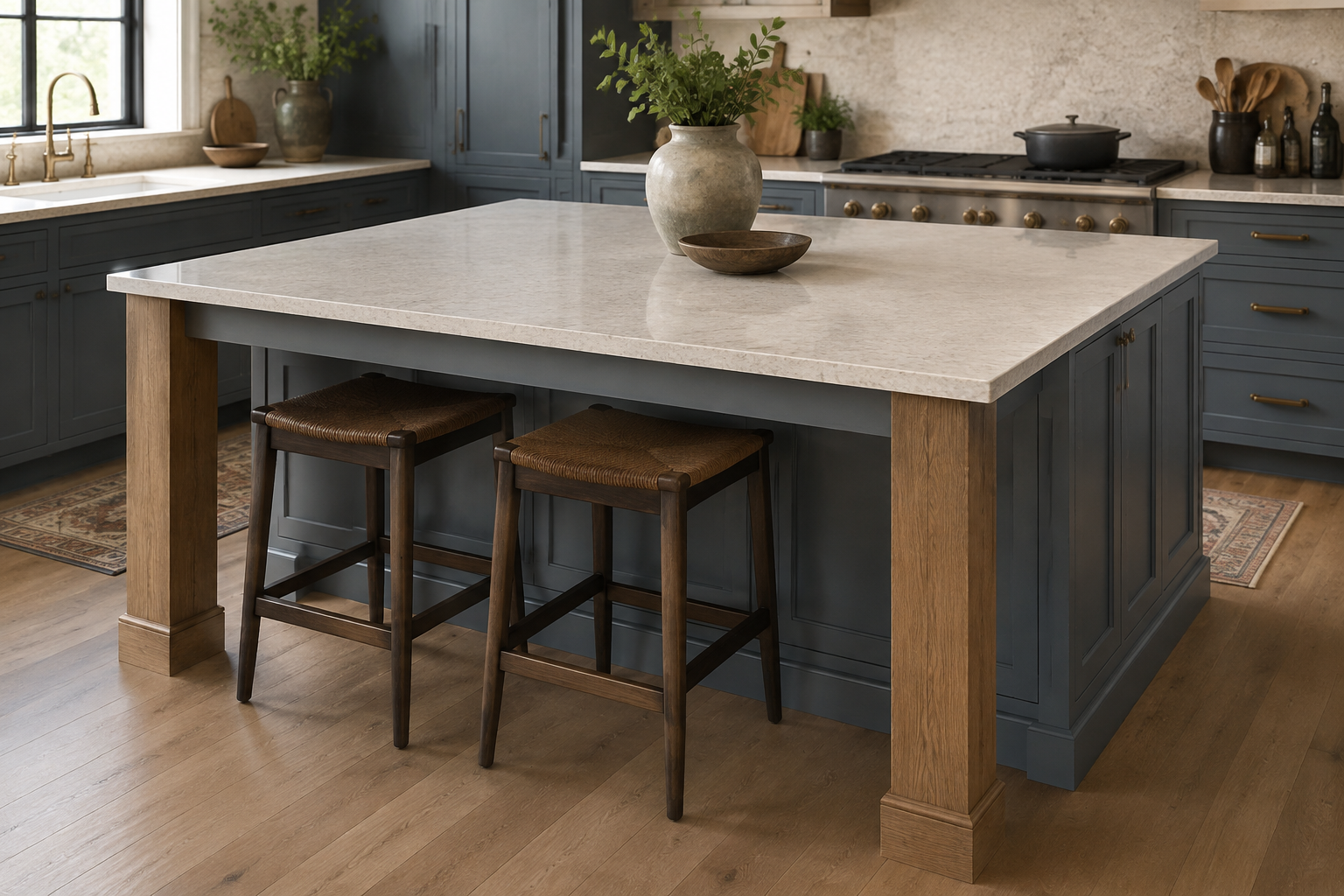Rectangular stone island overhang physically supported by two substantial oak legs and concealed structure above two counter stools.