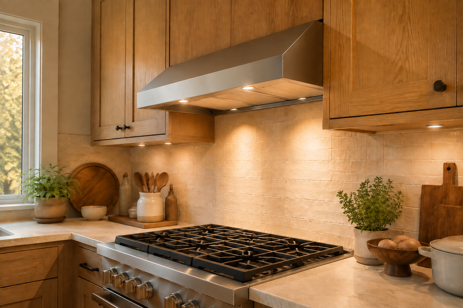 Blank unbranded hood and range with integrated task lights illuminating the cooking surface.