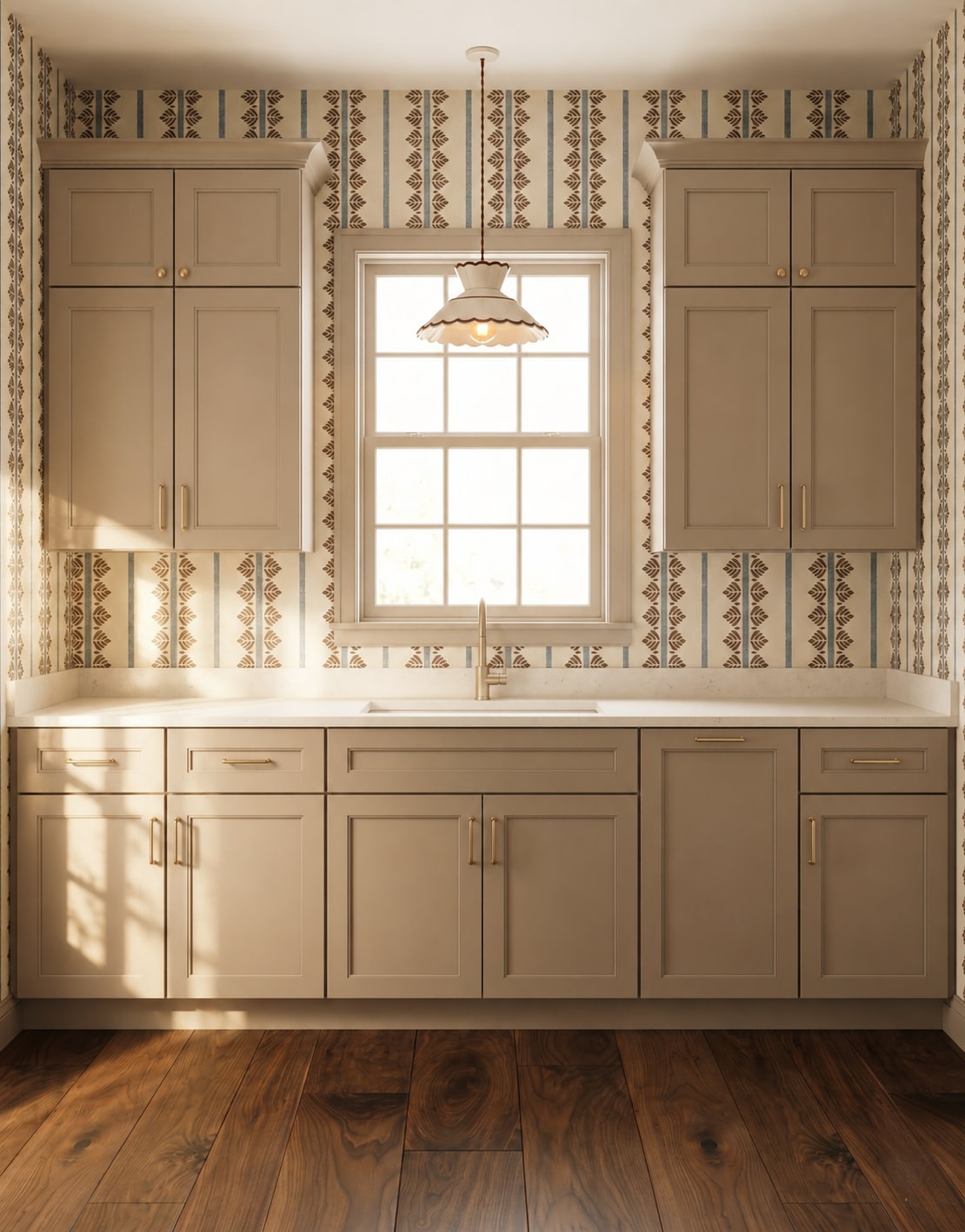 A taupe laundry sink wall with closed base and upper cabinets, a centered window, a clear counter, and no appliances in the work zone.