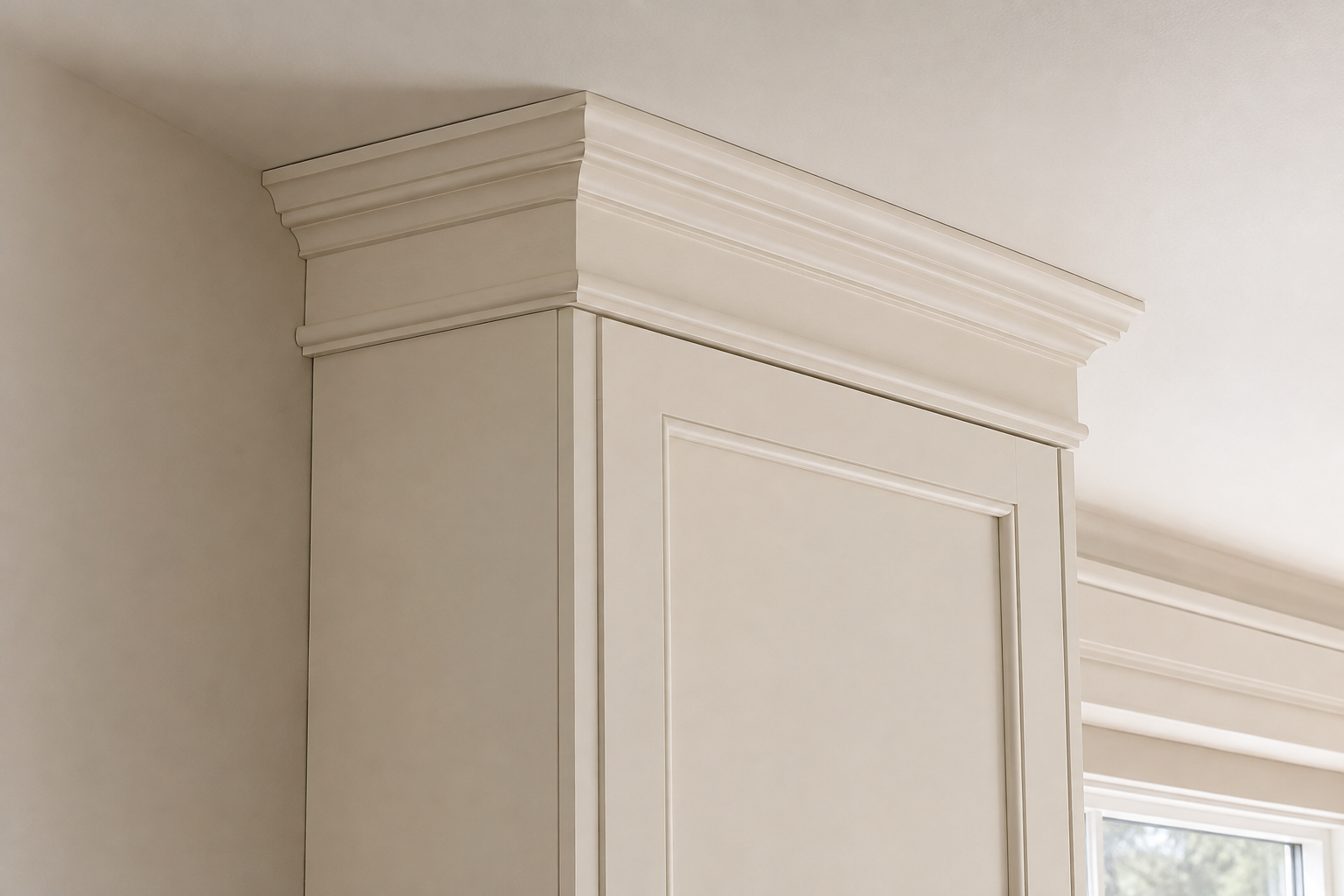 A complete cream cabinet end shows layered cabinet crown physically attached above a top rail and returned around the finished side.