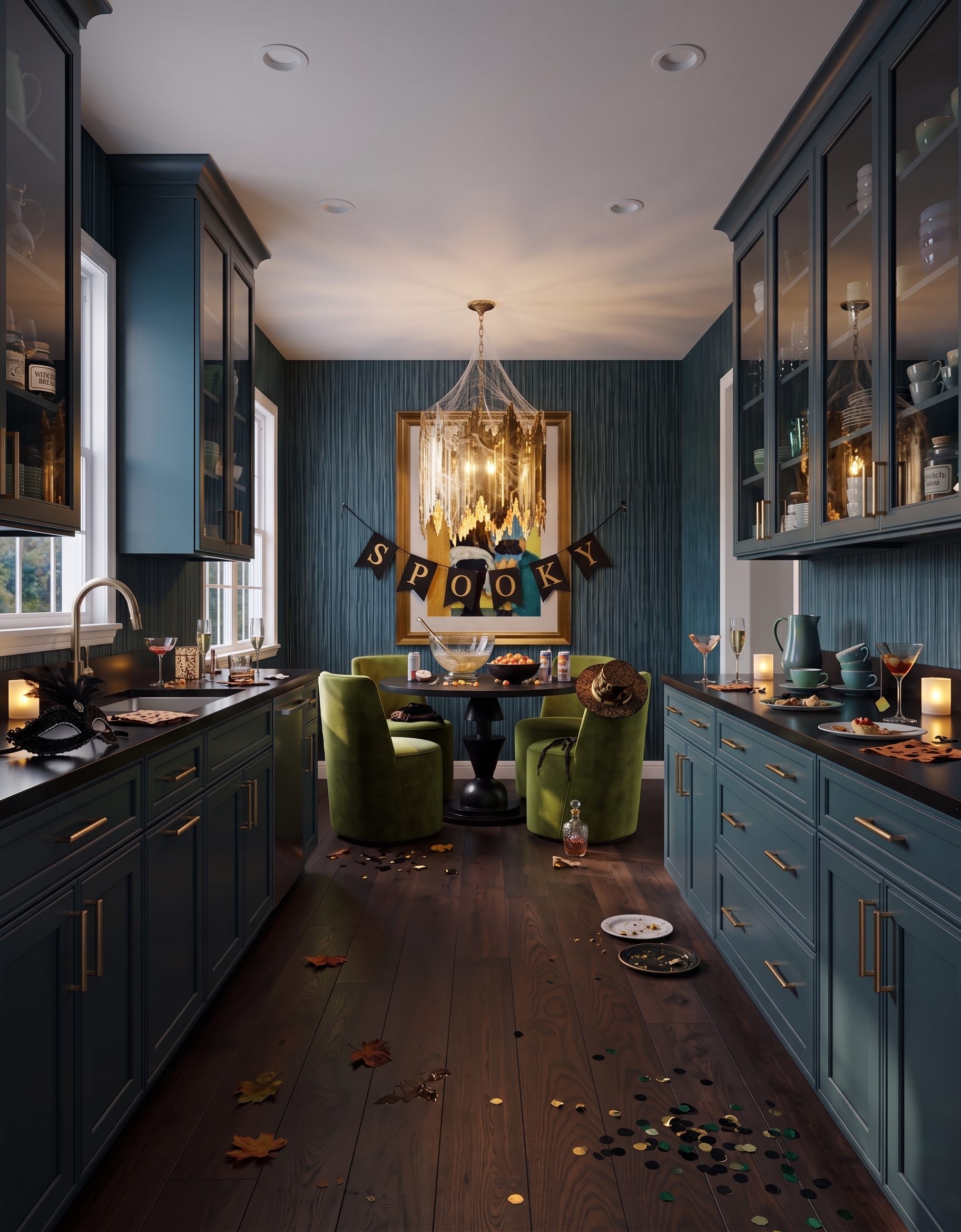 Deep-blue galley kitchen with olive breakfast-nook chairs, a round dark table, a gold chandelier and a black-and-gold spooky banner.