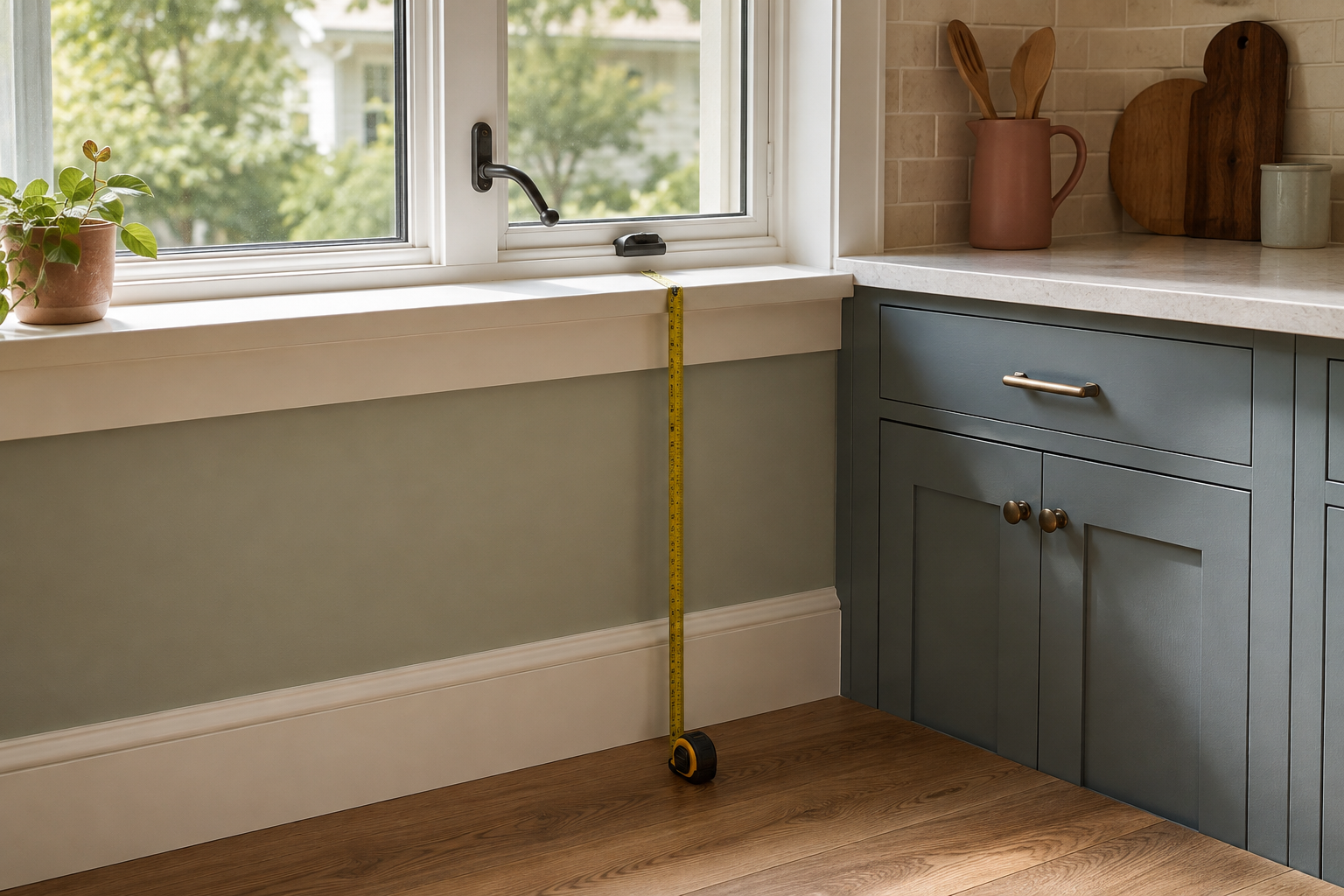 Kitchen window sill and crank measured vertically beside a base cabinet.