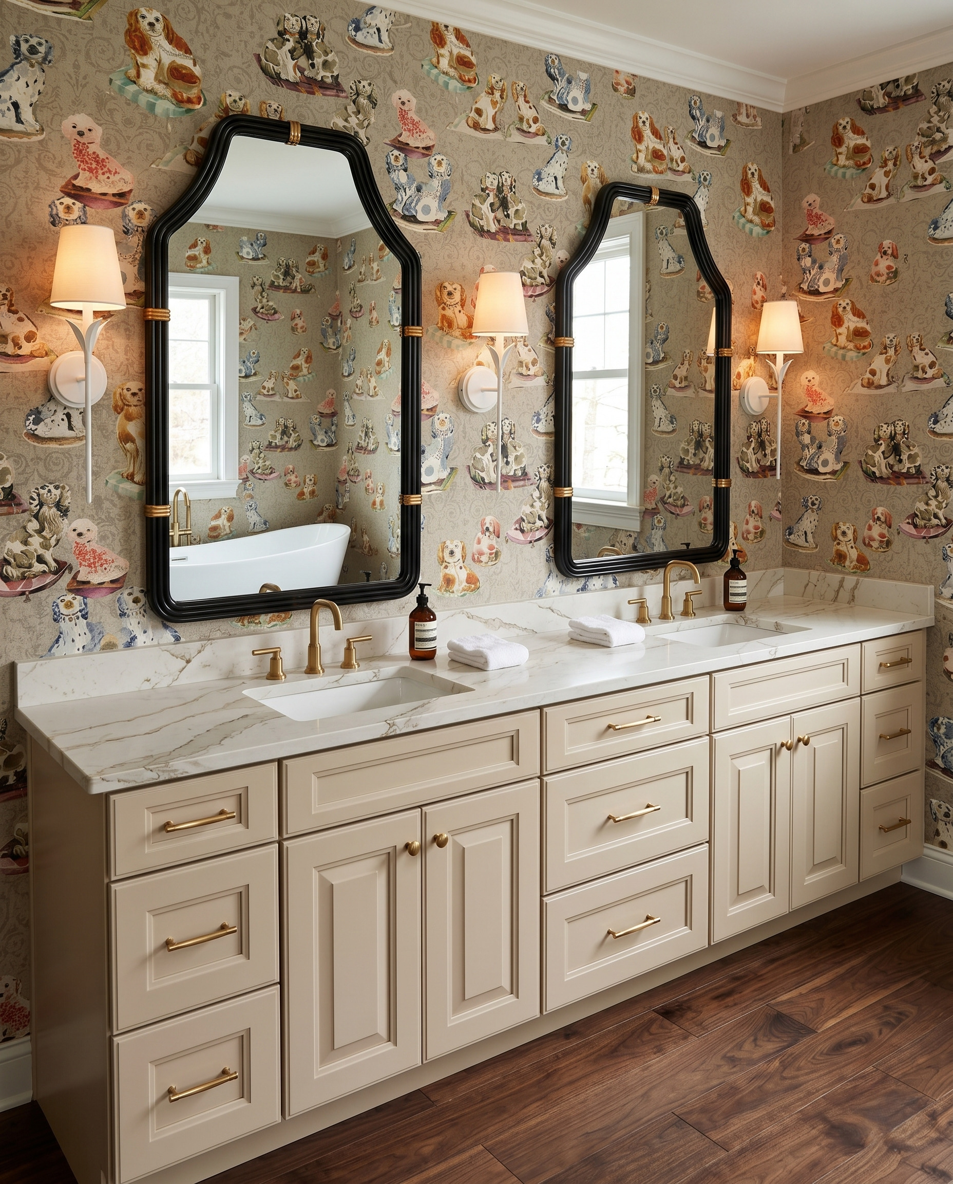 Cream double vanity with dog-patterned wallpaper, tall black mirrors, white sconces and a dark wood floor.