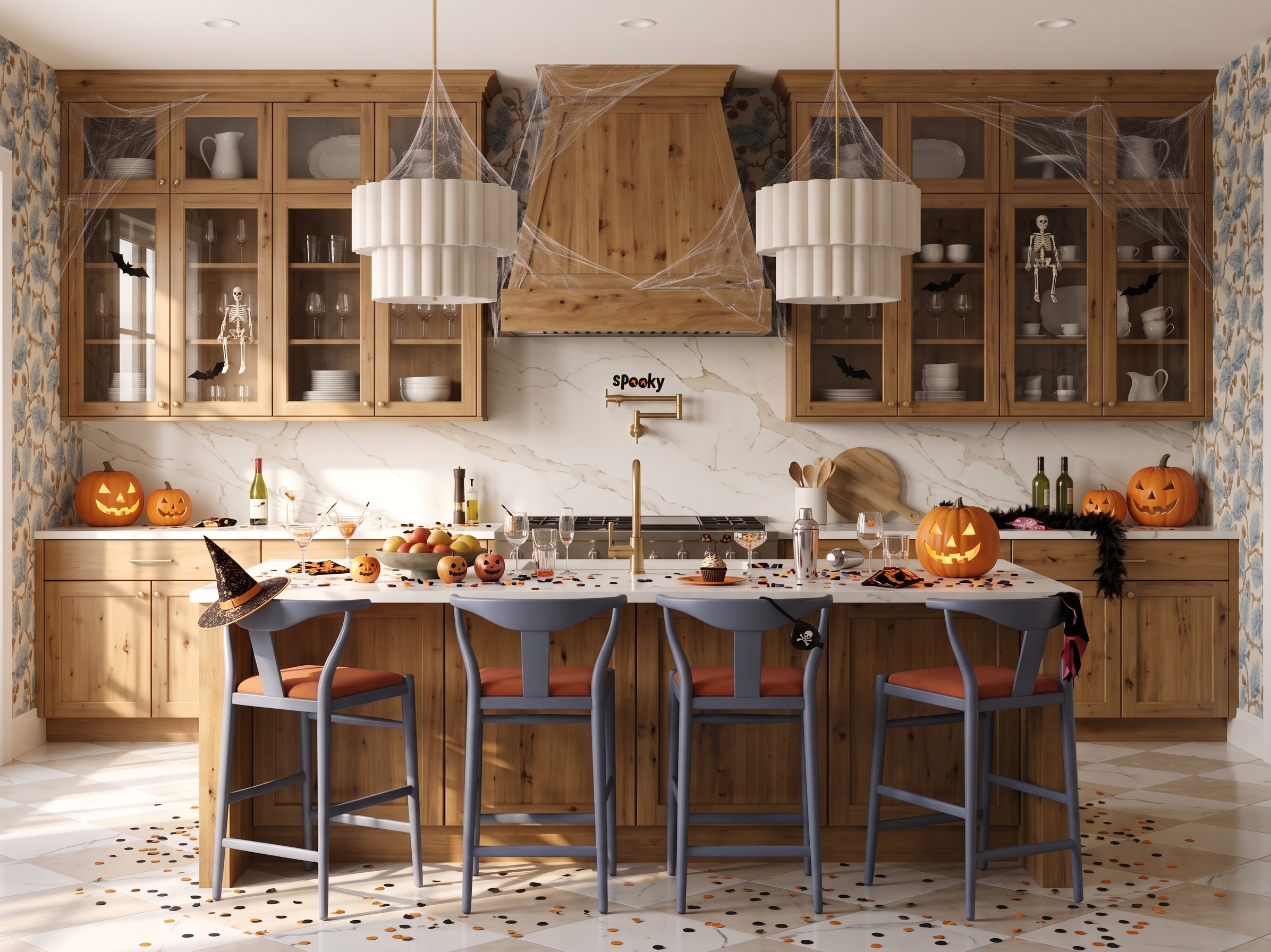 Natural-wood kitchen with glass upper cabinets, white counters, blue-gray stools and orange Halloween pumpkins.