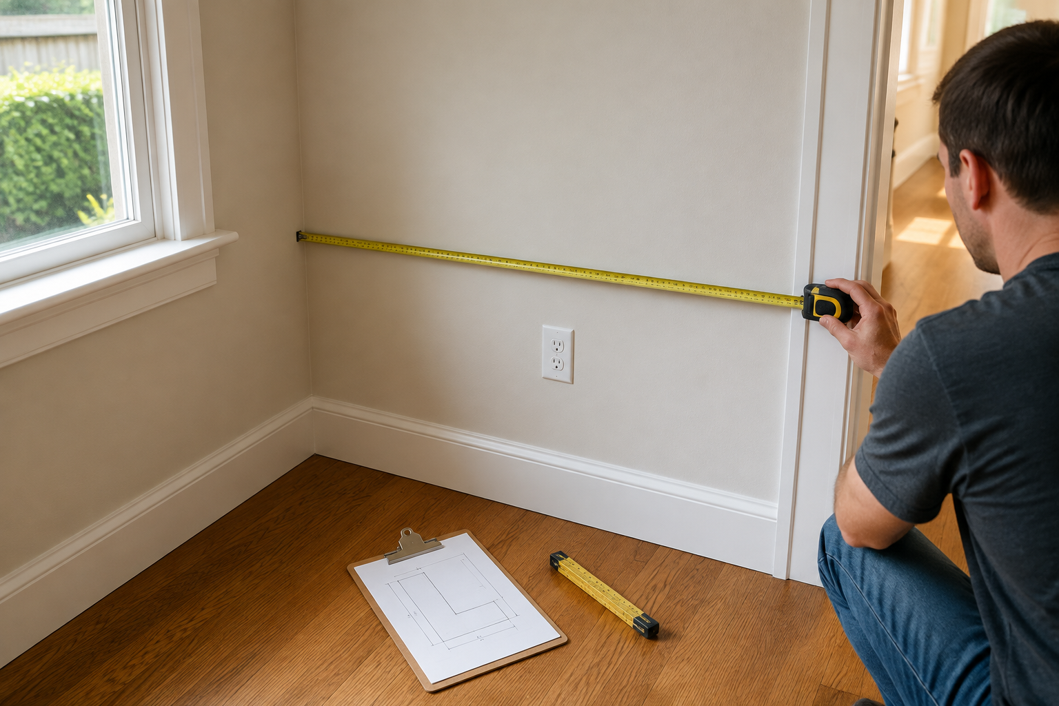 A homeowner measures one breakfast-nook wall straight from the inside corner to a door casing while a simple L-shaped sketch records the room.